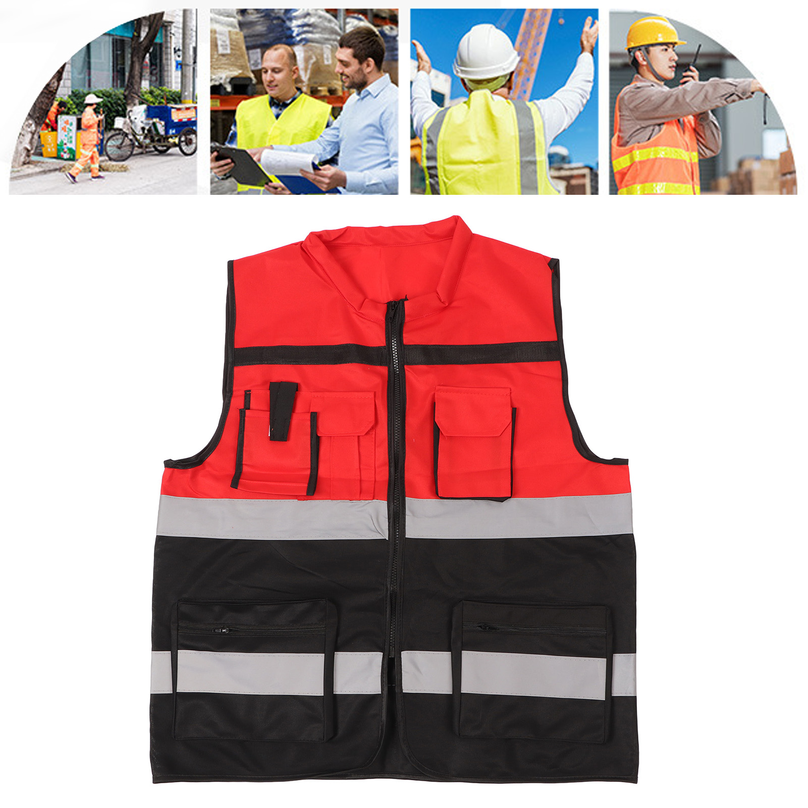 Leuchtend Rote Und Schwarze Reflektierende Weste, Rundhalsausschnitt, Mehrere Taschen, Sicherheitsarbeitskleidung Für Bau- Und Transportwesen.