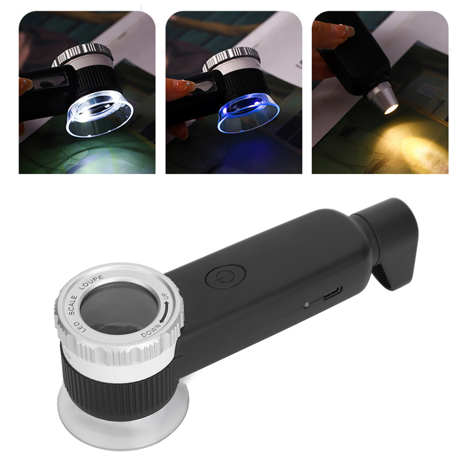 Th-8019 X30 Vergrößerungslupe, Wiederaufladbare Usb-taschenlupe Mit Drei Lichtquellen: 3 Weiße Leds, 1 Gelbe Hochleistungslampe Und 3 Uv-lampen