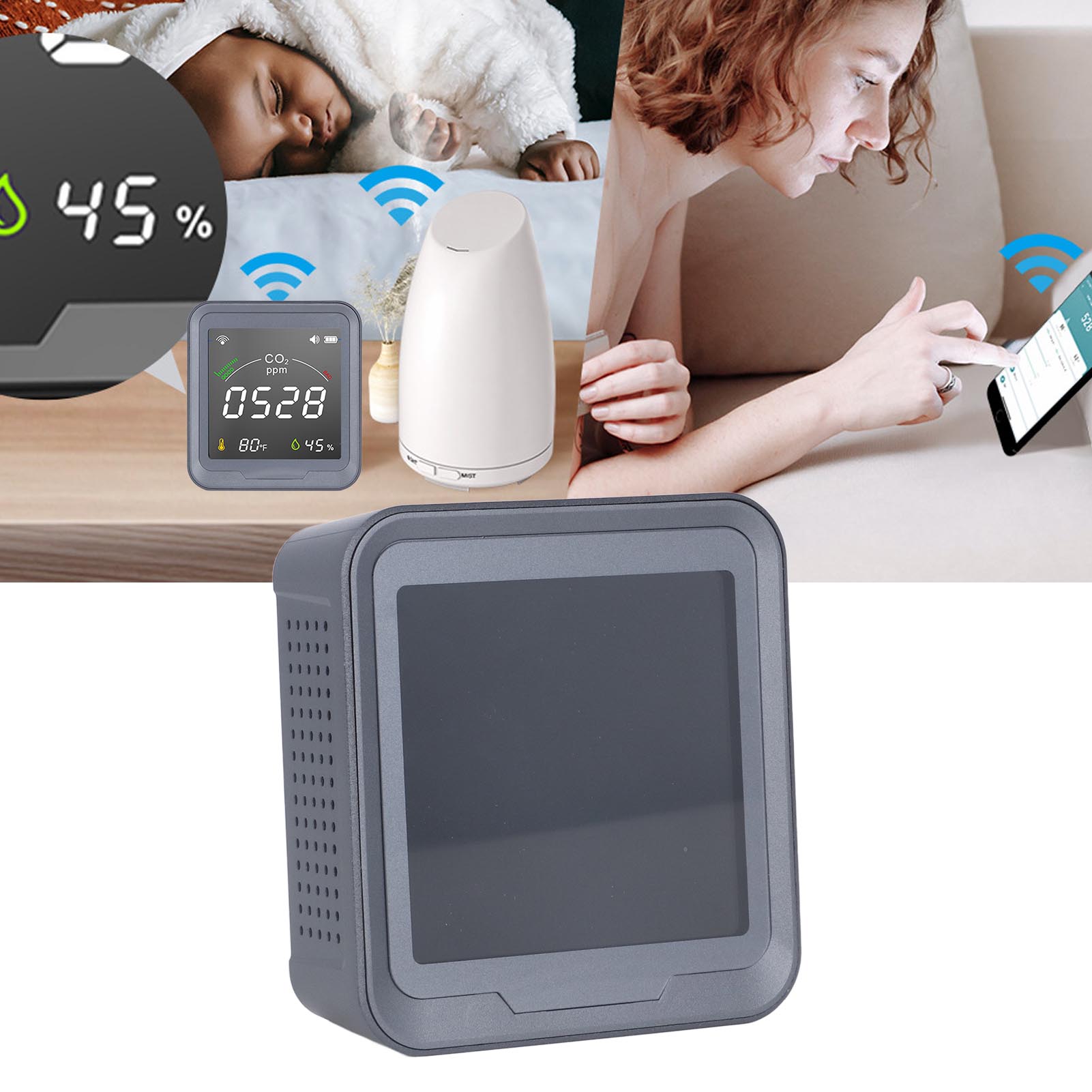 Intelligenter 3-in-1-co2-, Temperatur- Und Feuchtigkeitsdetektor Mit Wlan, Farbigem Led-display Und Graffiti-design