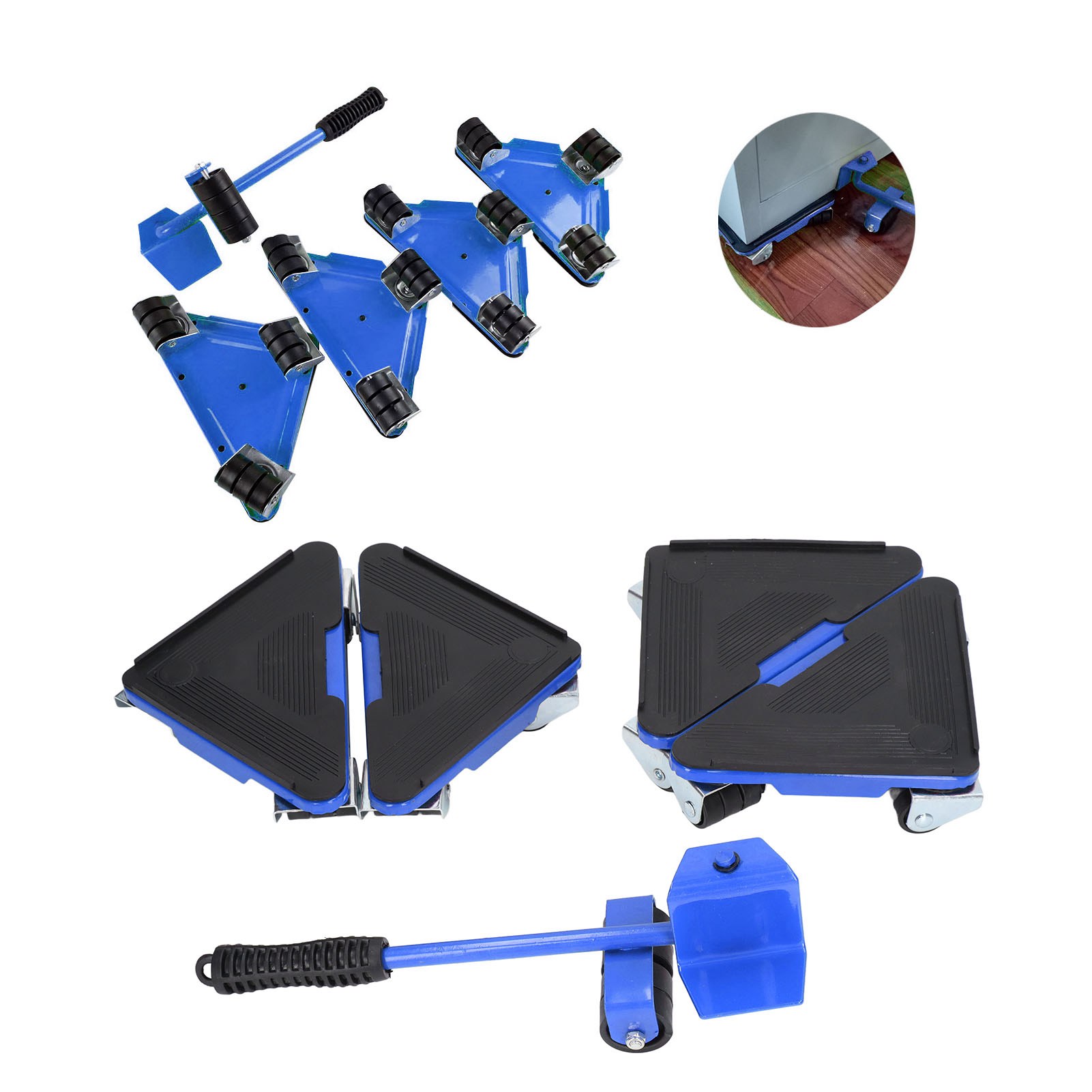 Set Mit 5 Dreieckigen Transportwerkzeugen Aus Eisen Mit Universalrollen, Blau