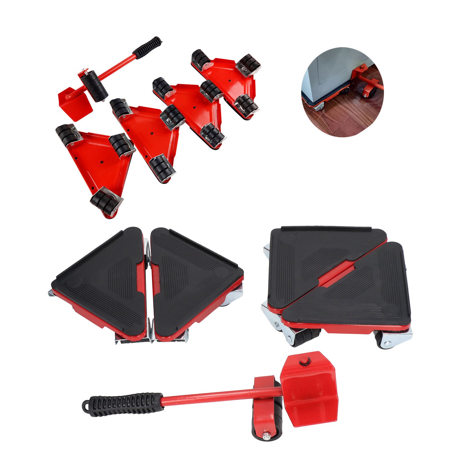 Set Aus 5 Dreieckigen Transportwerkzeugen Aus Eisen Mit Universalrädern, Zufällige Textur, Rot.
