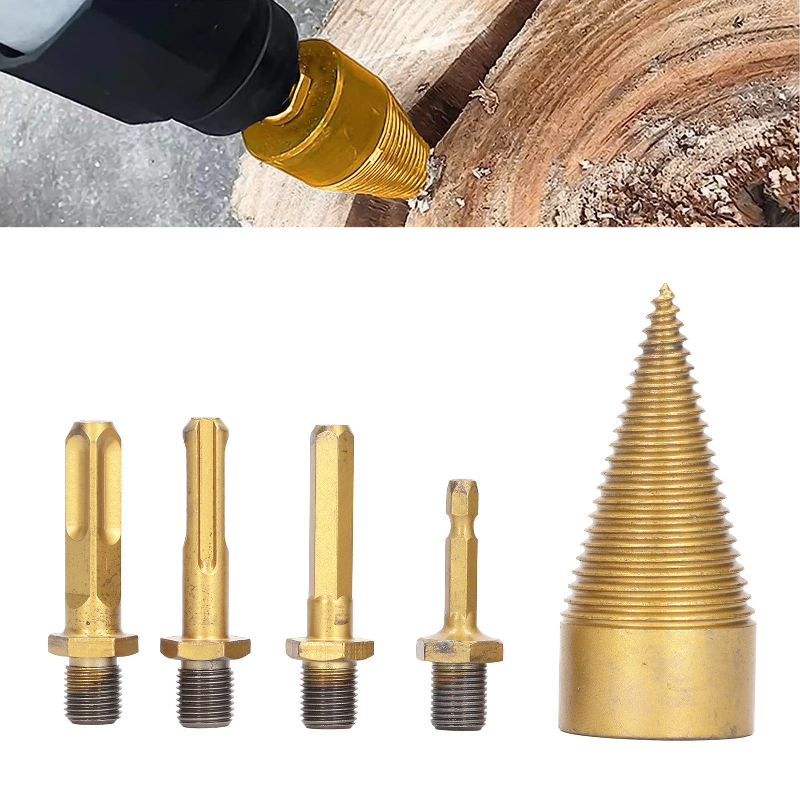 Neues 5-teiliges Holzspaltset, Holzspaltbohrer (42 Mm) + Runder Griff + Vierkantgriff + Sechskantgriff + Kleiner Sechskantgriff
