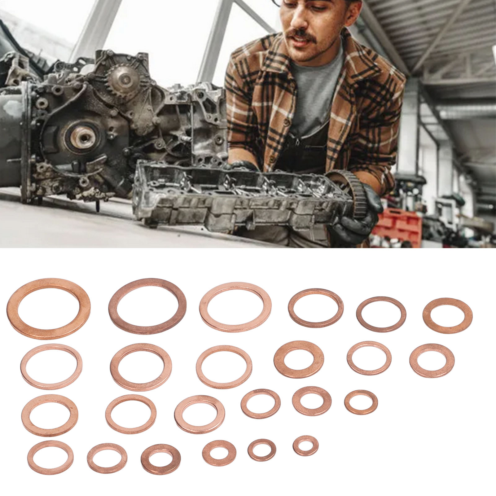 Konvolut Von 396 Flachen O-ring-unterlegscheiben In Einer Schachtel, Kupfer-dichtungsscheiben, Größe 24