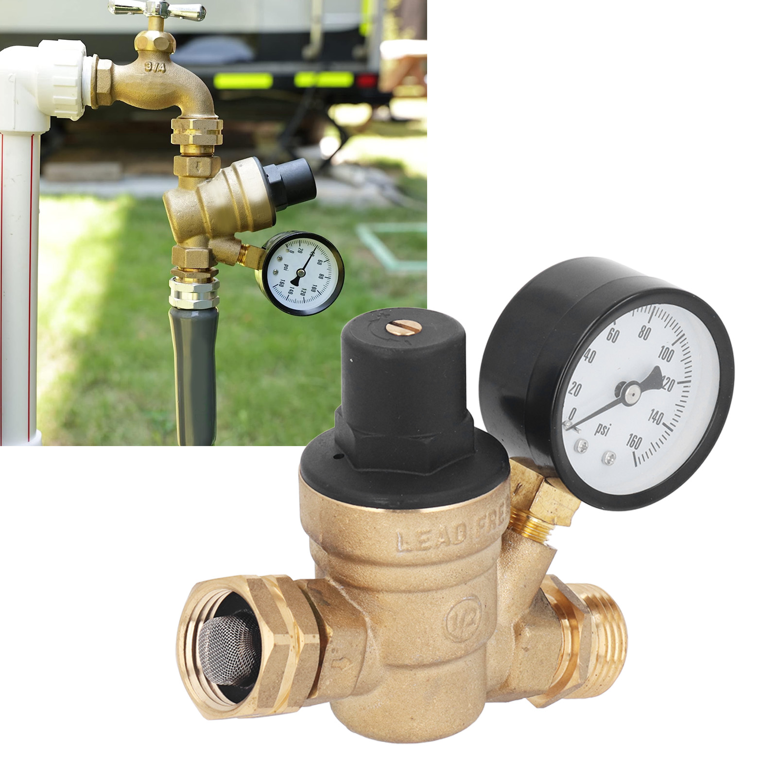 Wasserdruckregler Für Wohnmobile, Einstellbarer Druckminderer Aus Bleifreiem Messing, 160 Psi, Mit Manometer Und Einlassfilter, Geeignet Für Wohnmobile, Wohnwagen, Anhänger Und Yachten.