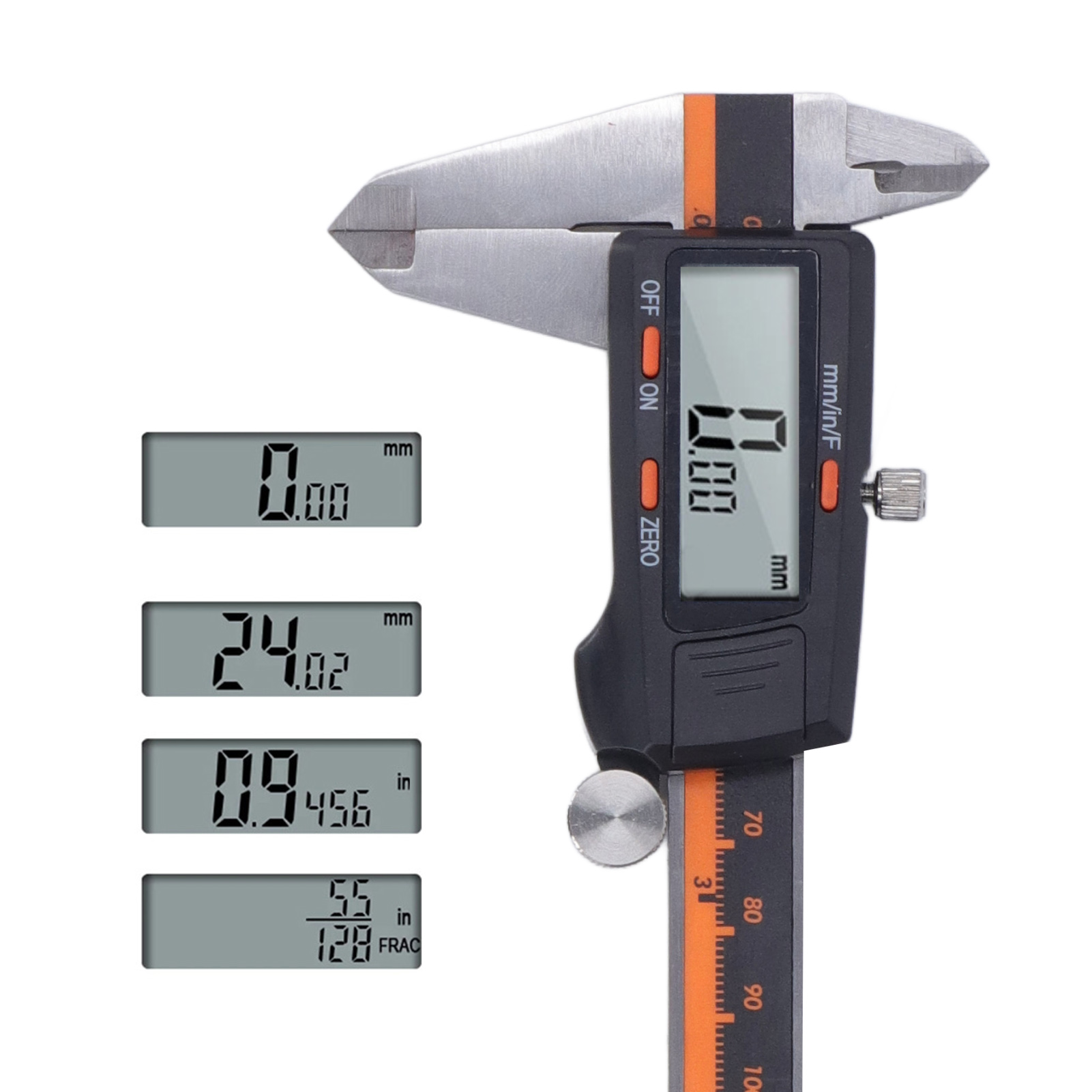 Digitaler Edelstahl-messschieber 0-150 Mm Mit Orangefarbener Anzeige Und Bruchteilswerten