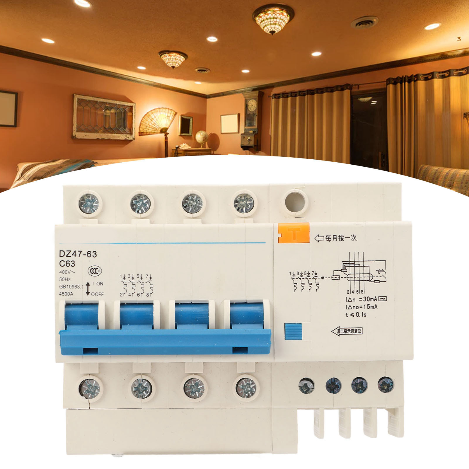 Leitungsschutzschalter Dz47le-63 C63 4p 400 V 63 A, Din-schienenmontage, 4500 A Abschaltvermögen