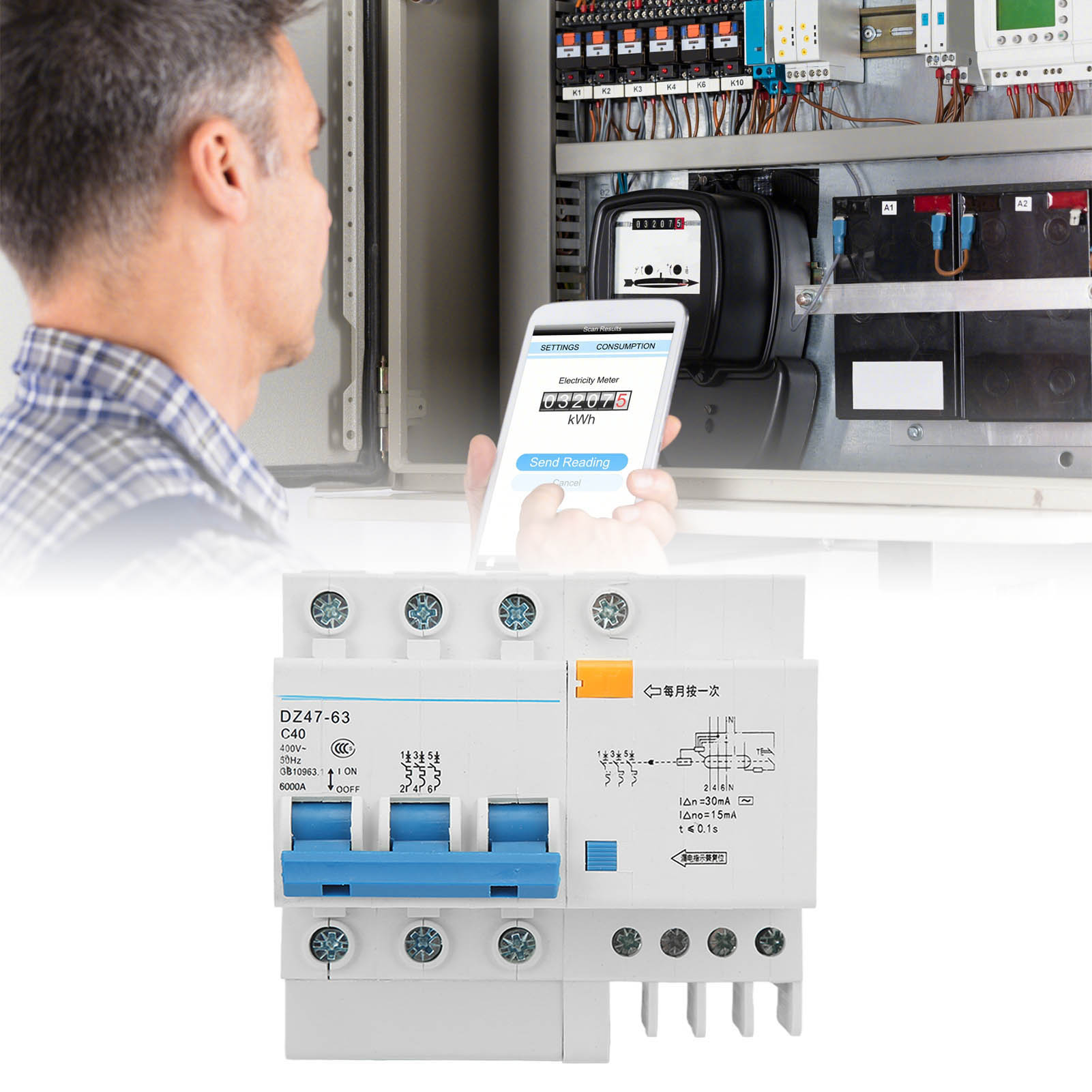 Leitungsschutzschalter Dz47le-63 C40 3p+n, 400 V 40 A, Din-schienenmontage, 6000 A Schaltleistung.