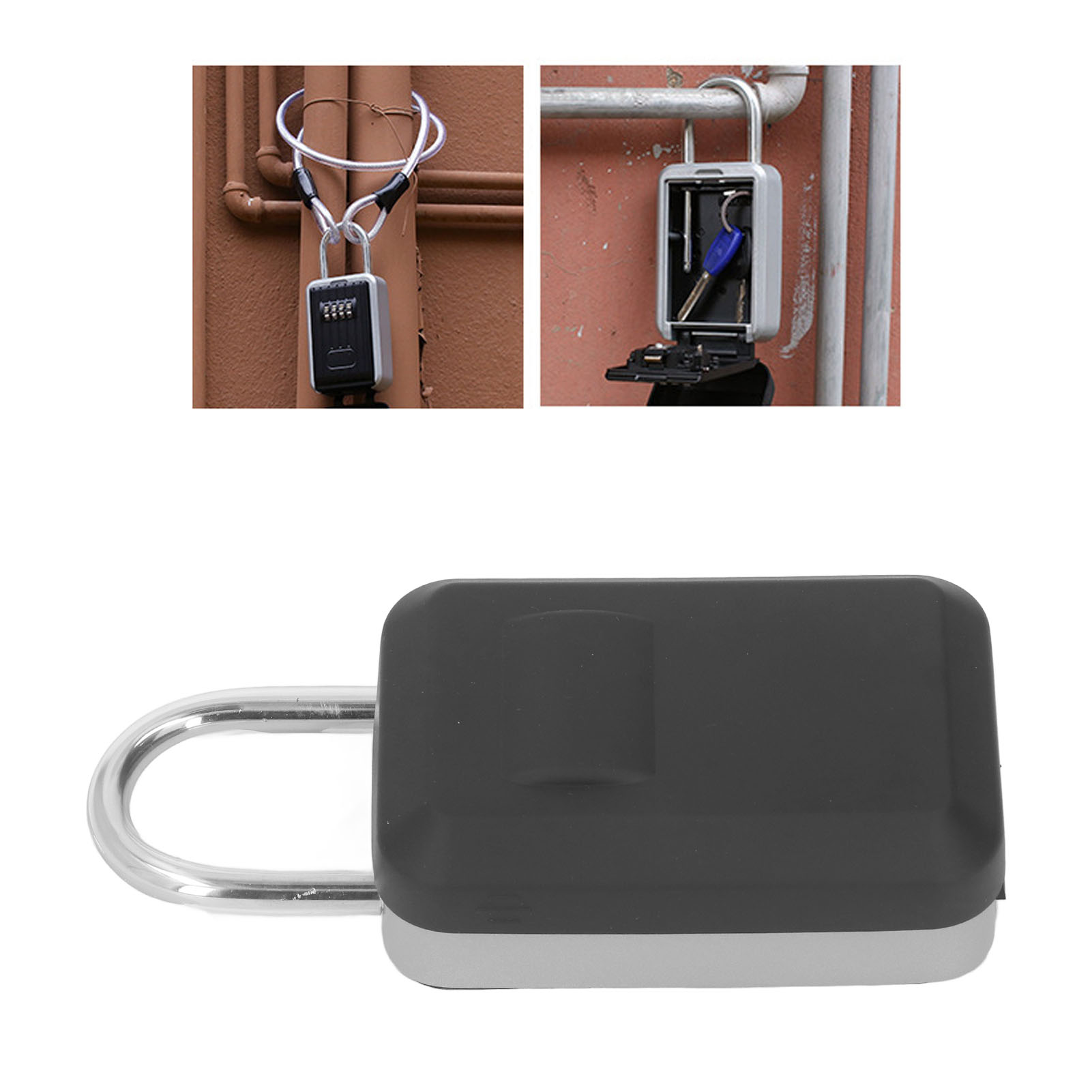 Diebstahlsicherer Und Wasserdichter Schlüsselsafe Mit Haken, Hänge-kombinationsschloss, Silberfarbene Metallaufbewahrungsbox Mit Schwarzem, Wasserdichtem Deckel.