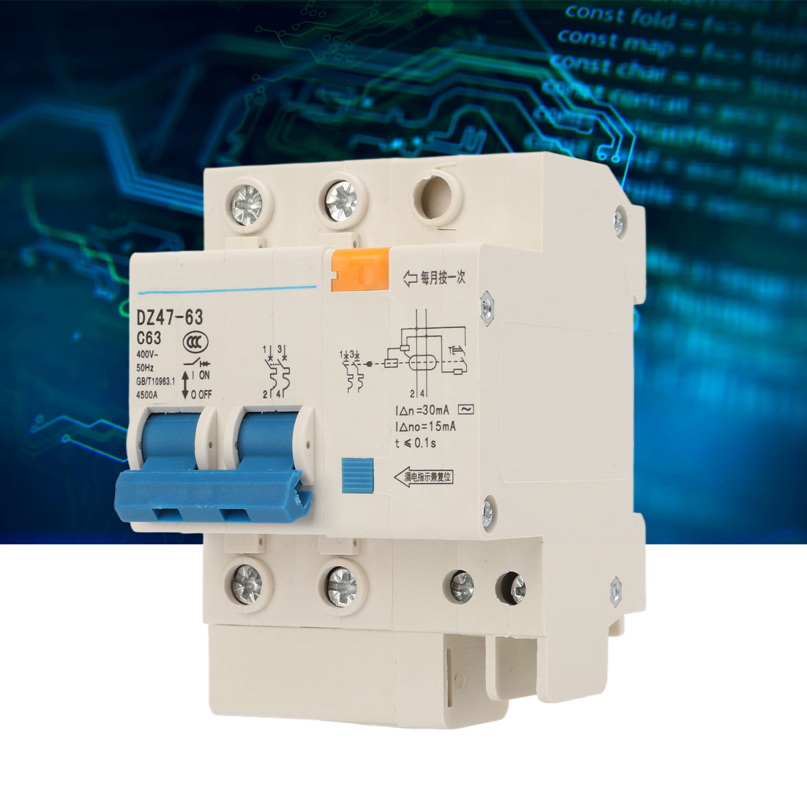 Leitungsschutzschalter Dz47le-63 C63 2p 400 V 63 A, Din-schienenmontage, 4500 A Abschaltvermögen