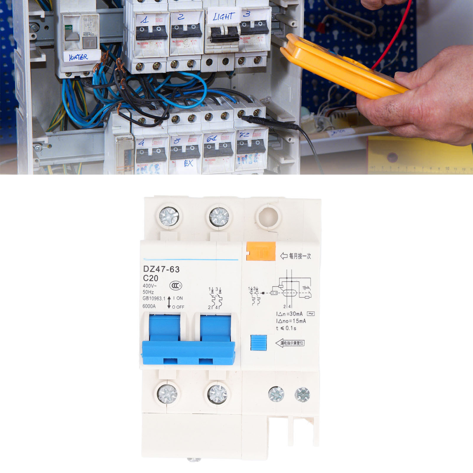 Leitungsschutzschalter Dz47le-63 C20 2p 400 V 20 A, Din-schienenmontage, 6000 A Schaltvermögen