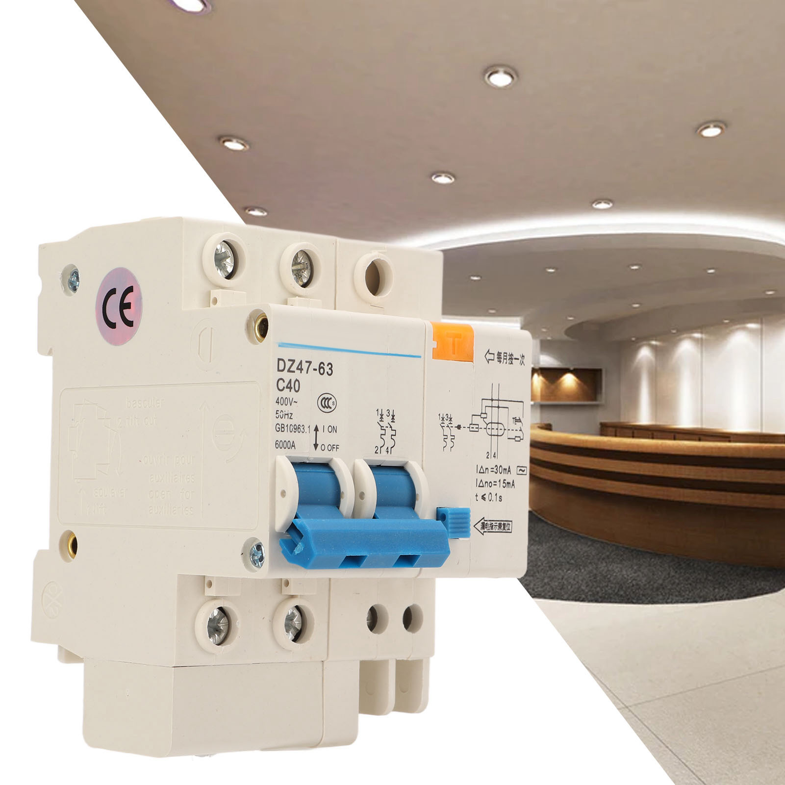 Miniatur-zweipol-leistungsschalter 400 V Dz47le-63, Din-schienenmontage, Segmentierkapazität 6000 Adz47le-63 C40