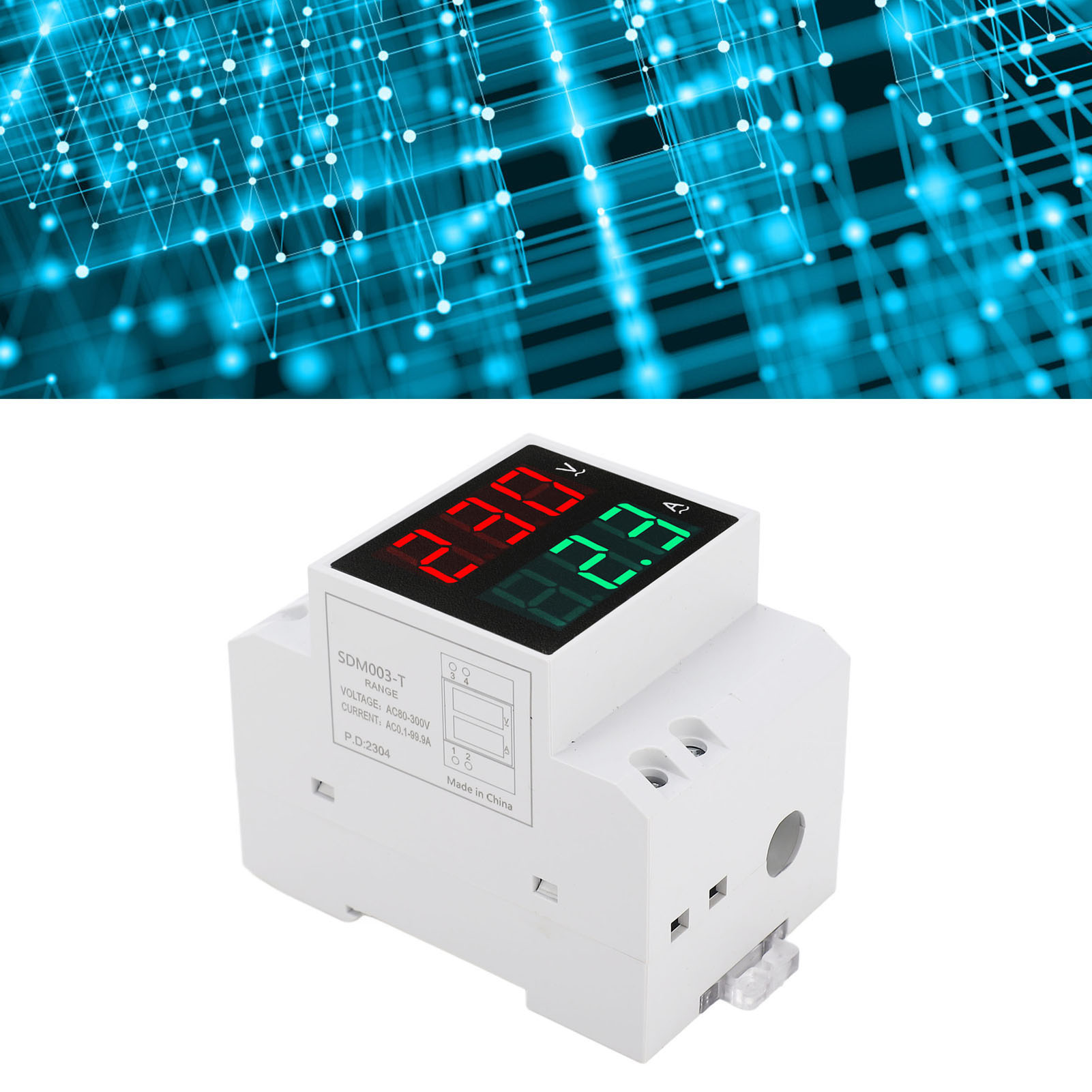 Einphasiges Haushaltsvoltmeter Und -amperemeter Mit Zwei Digitalen Anzeigen, Din-schienenmontage, 80–300 V Ac, 0,1–99,9 A