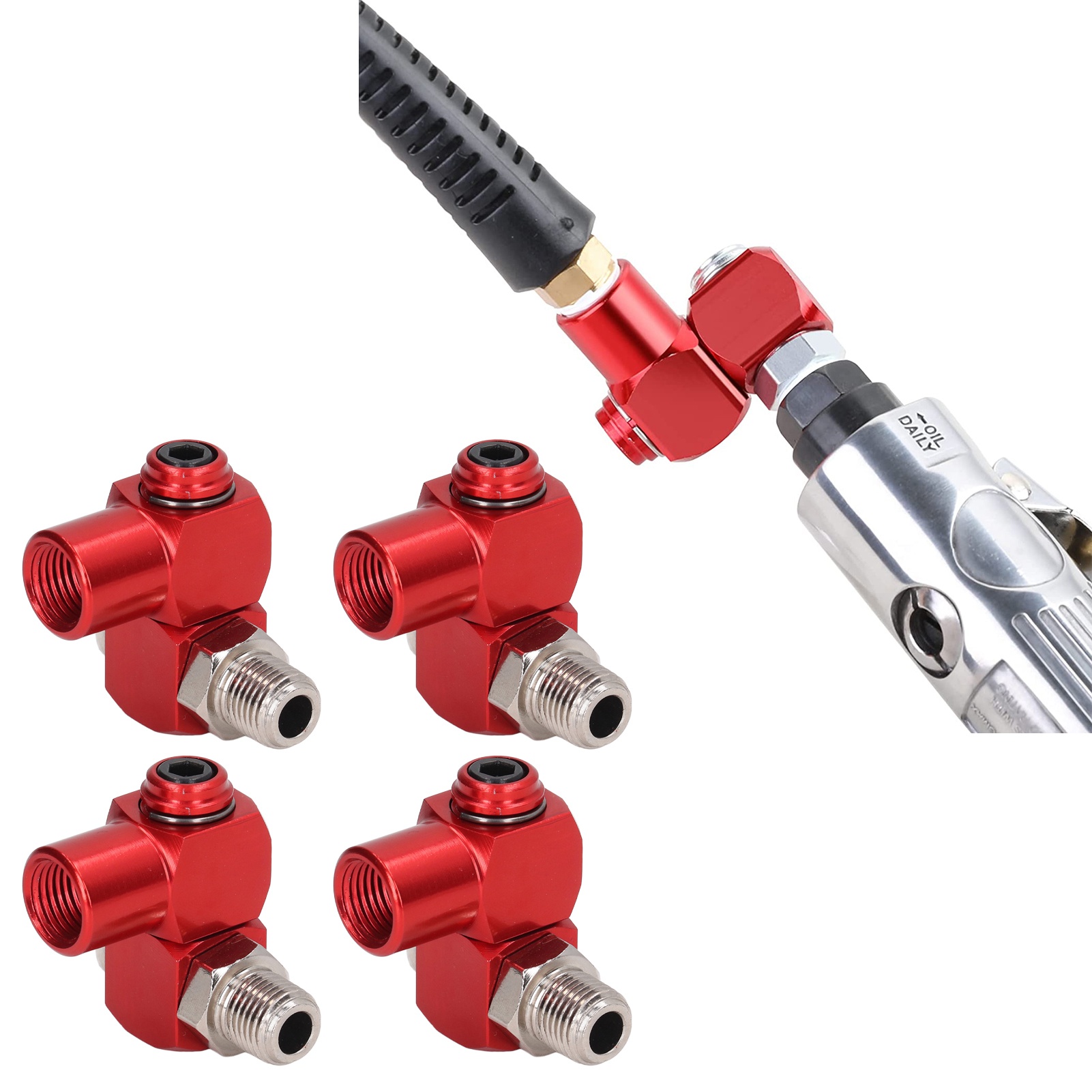 Vier Um 360 Grad Drehbare Luftschlauchanschlüsse Mit 1/4-zoll-npt-gewinde, 1/4-zoll-industrieluftanschlüsse Und Pneumatische Werkzeugadapter.