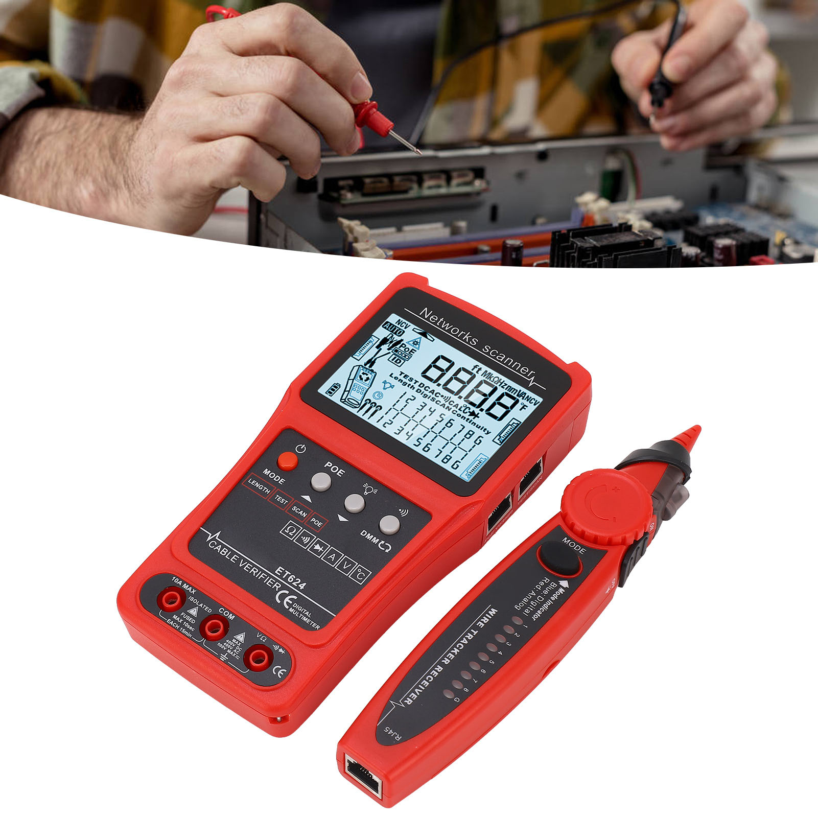 Multifunktionales Kabelsuchgerät (cat5/cat6), Ethernet-kabeltester Mit Multimeter, Poe-schaltungstester, Fehlerortung Und Längenmessung.
