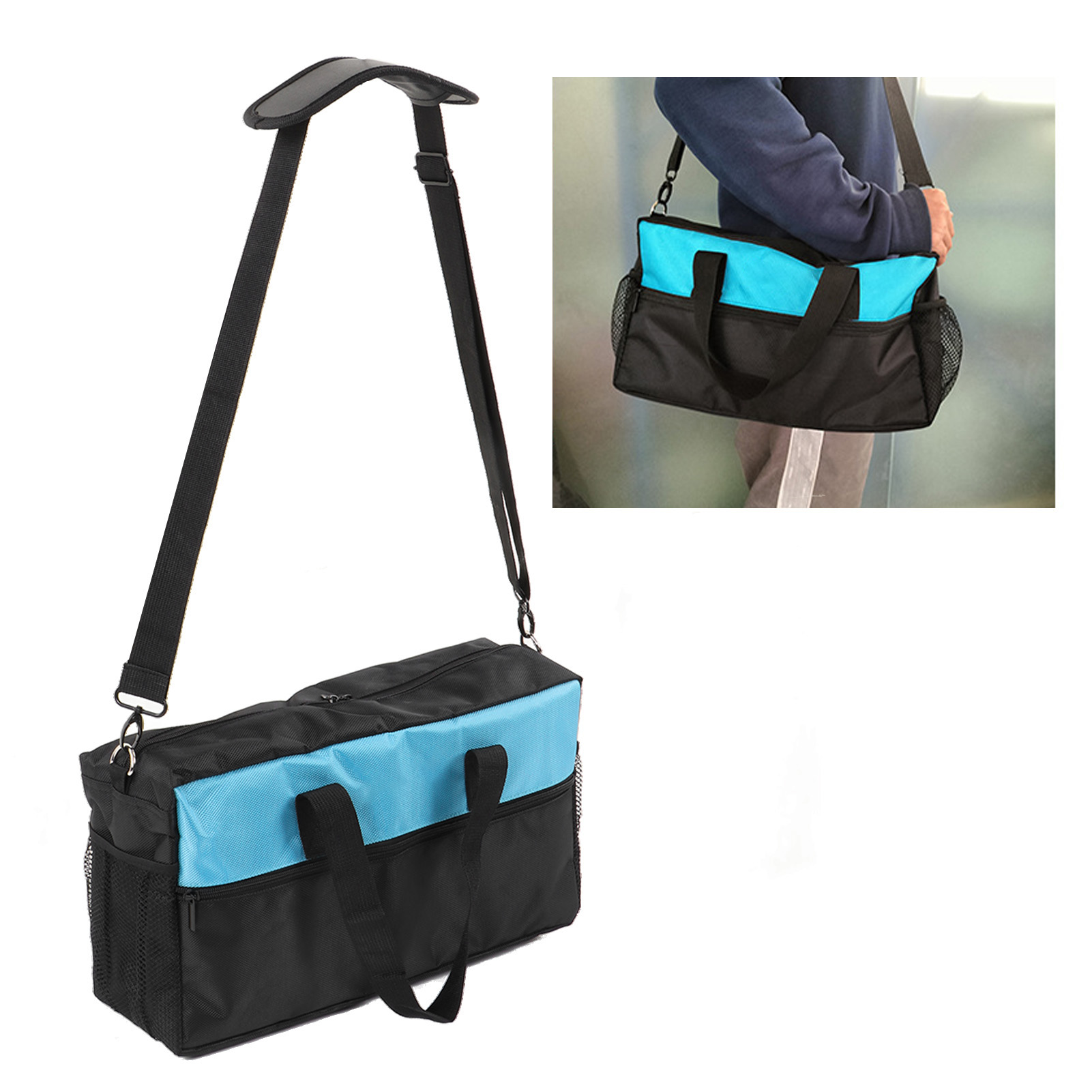 Multifunktionale Werkzeugtasche 1611 Aus Schwarzem Und Blauem Oxford-gewebe, Mit Integriertem Schultergurt, Verschleißfest, Großes Fassungsvermögen, Weite Öffnung, 40,6 Cm (16 Zoll).