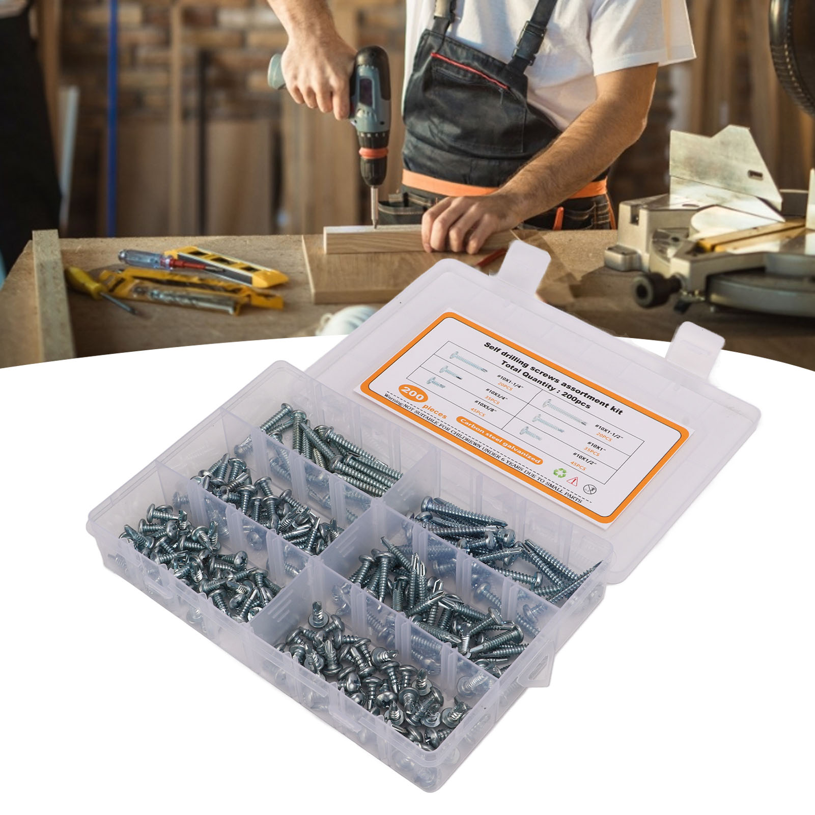 Set Mit 200 Selbstbohrenden Phillips-rundkopfschrauben Aus Blau Und Weiß Verzinktem Kohlenstoffstahl