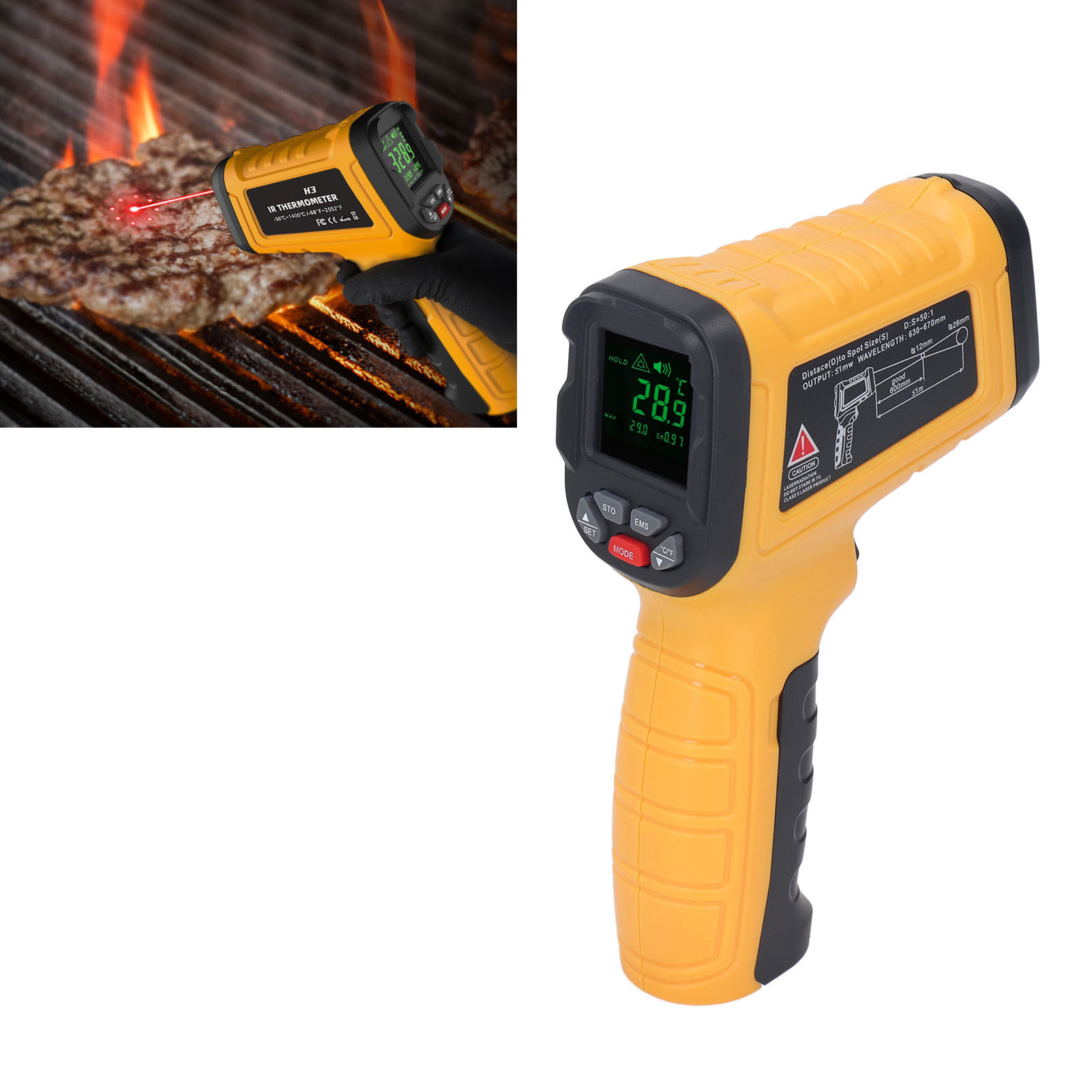 Bside H3 Tragbares Hochtemperatur-infrarotthermometer -50 Bis 1400 °c