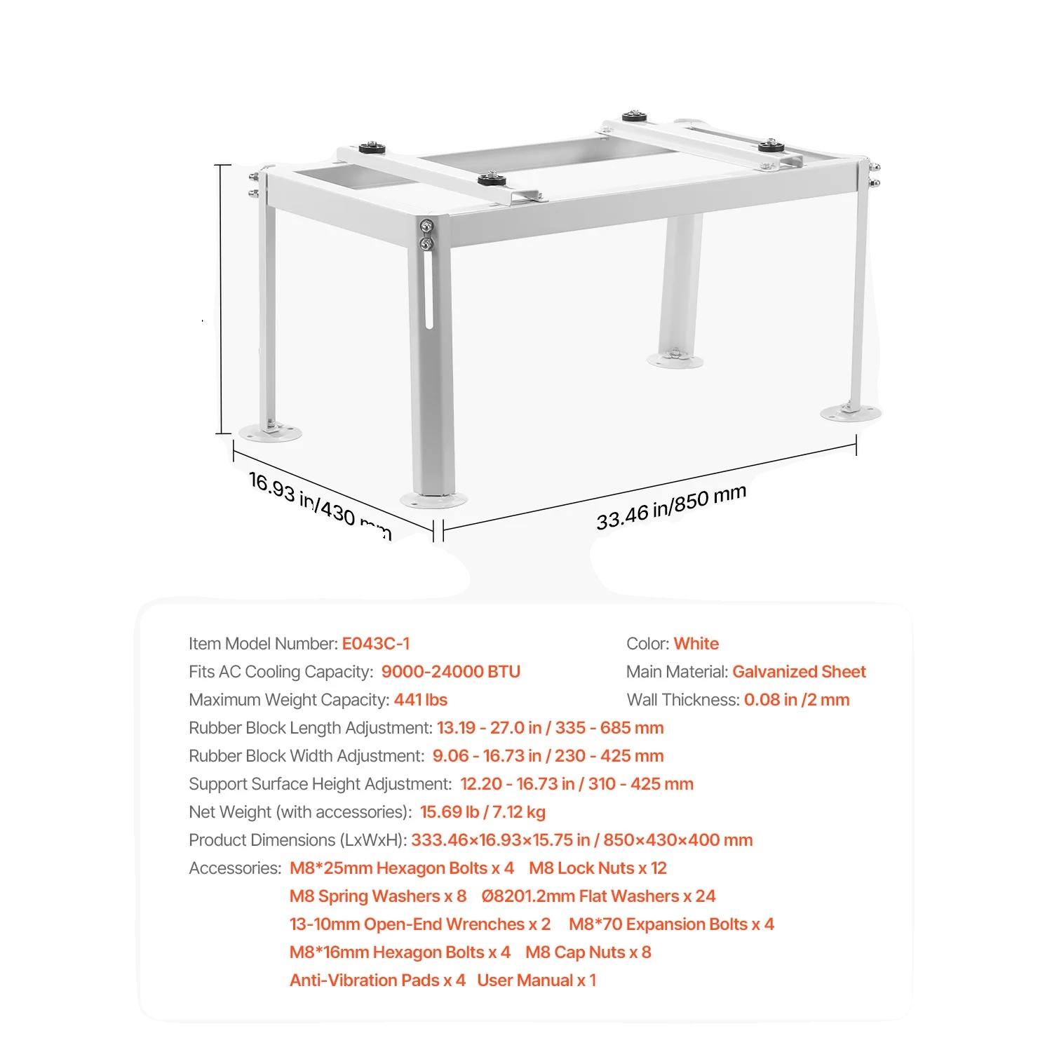 Mini-split-klimaanlagenhalterung, Höhenverstellbar, Vibrationsdämpfendes Design, 33,5 X 15,6 X 16 Zoll, 8 Zoll