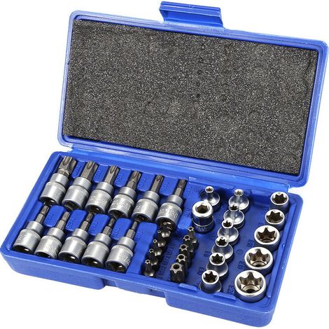 34-teiliges Torx-steckschlüsselsatz 3/8", Cr-v-material Profil E4-e20, Torx-sternschraubendreher 5/16"-3/8" Aus S2-stahl Profil T10-t60