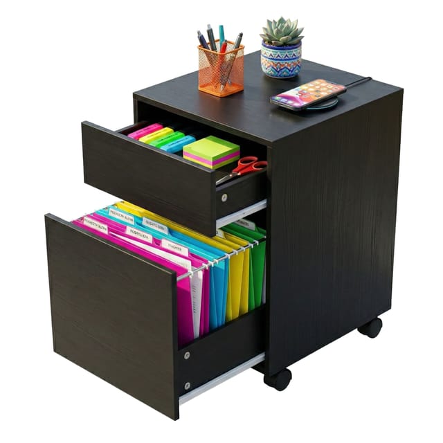 Relaxdays Rollcontainer, 2 Schubladen, Hängeregister, Hxbxt: 57 X 40 X 40 Cm, Schreibtischcontainer Auf Rollen, Schwarz