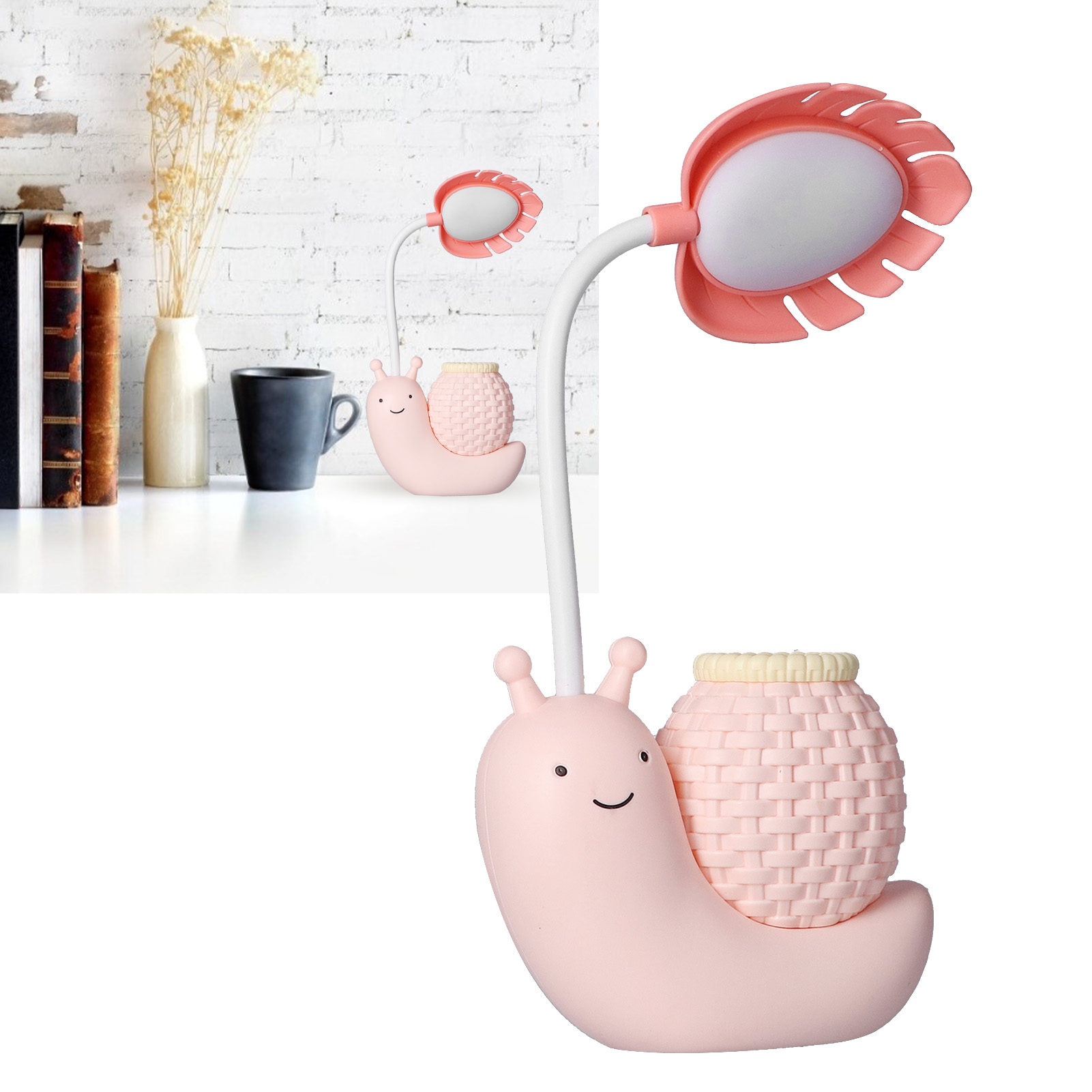 Faltbare Led-schreibtischlampe Mit Integriertem Stifthalter Und Anspitzer Im Schneckendesign. Multifunktional, Kaltweißes Licht, Usb-aufladbar, Rosa.