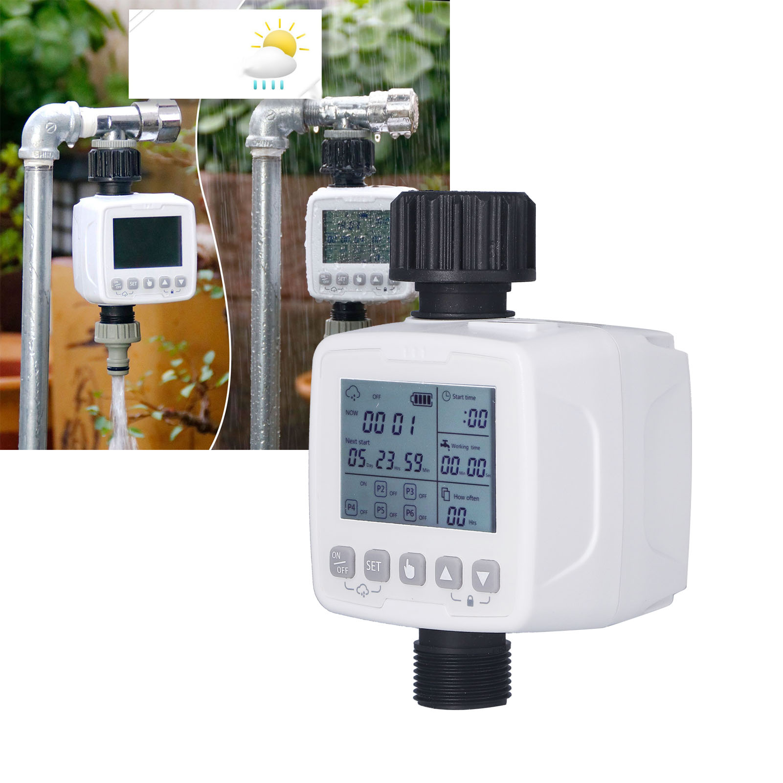 Automatisches Bewässerungssystem Für Außengärten Mit Zeitschaltuhr Und Automatischer Bewässerungssteuerung Mit Regensensor.