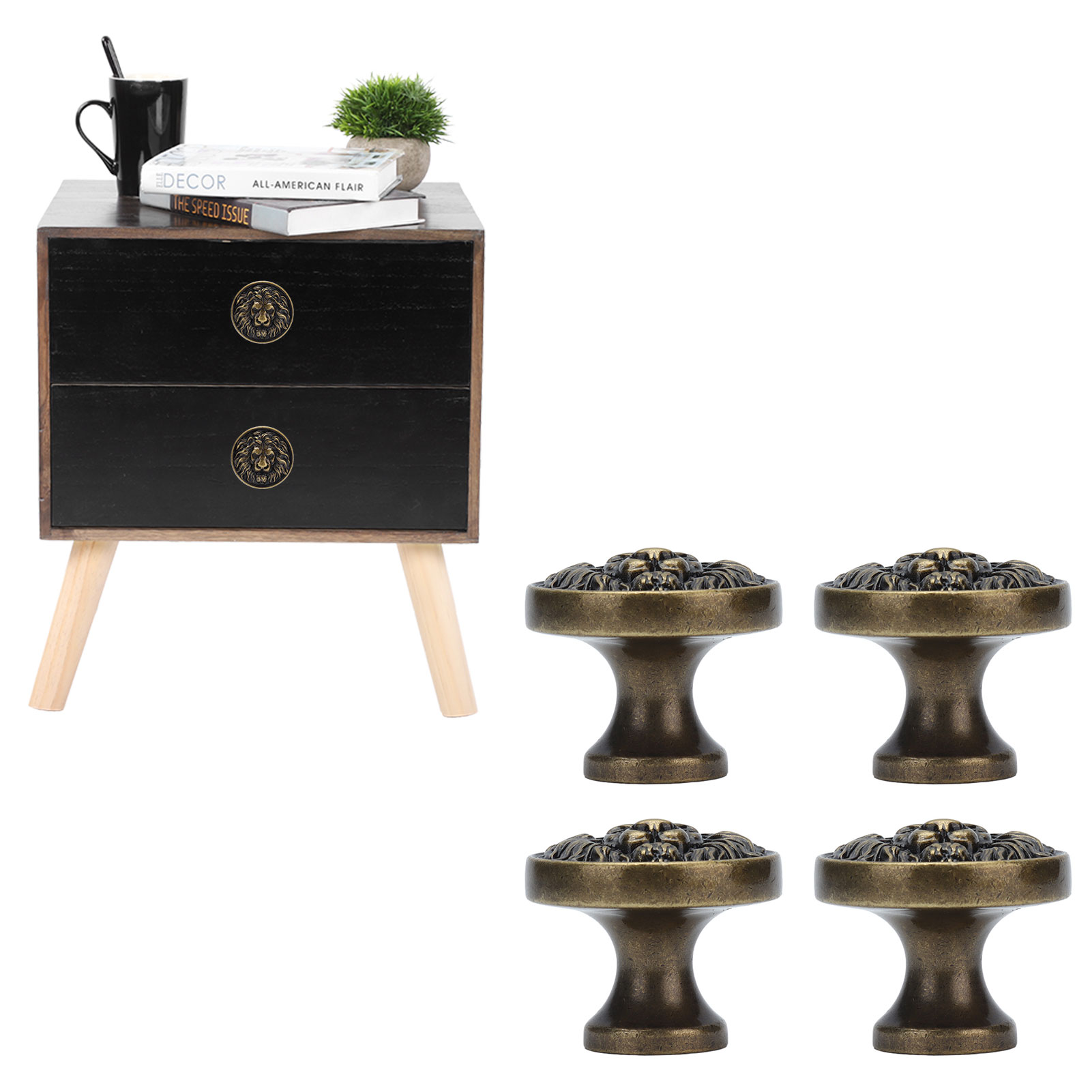 4 Sets Farbenfroher Löwenkopf-schranktürgriffe Aus Zinklegierung, Moderne Schubladengriffe Im Antik-stil, Runde Griffe Mit Einem Loch, 399 Löwenkopf – Antikbronze