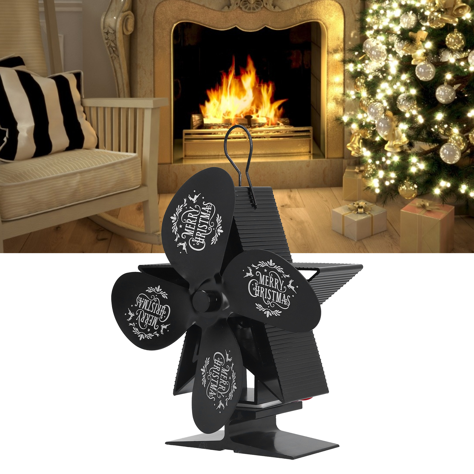 4-flügeliger Kaminmotor, Selbsterzeugender Kaminventilator, Thermischer Kaminventilator, Hochtemperaturbeständiger Kaminventilator, Kaminventilator Im Weihnachtsstil, Schwarz.