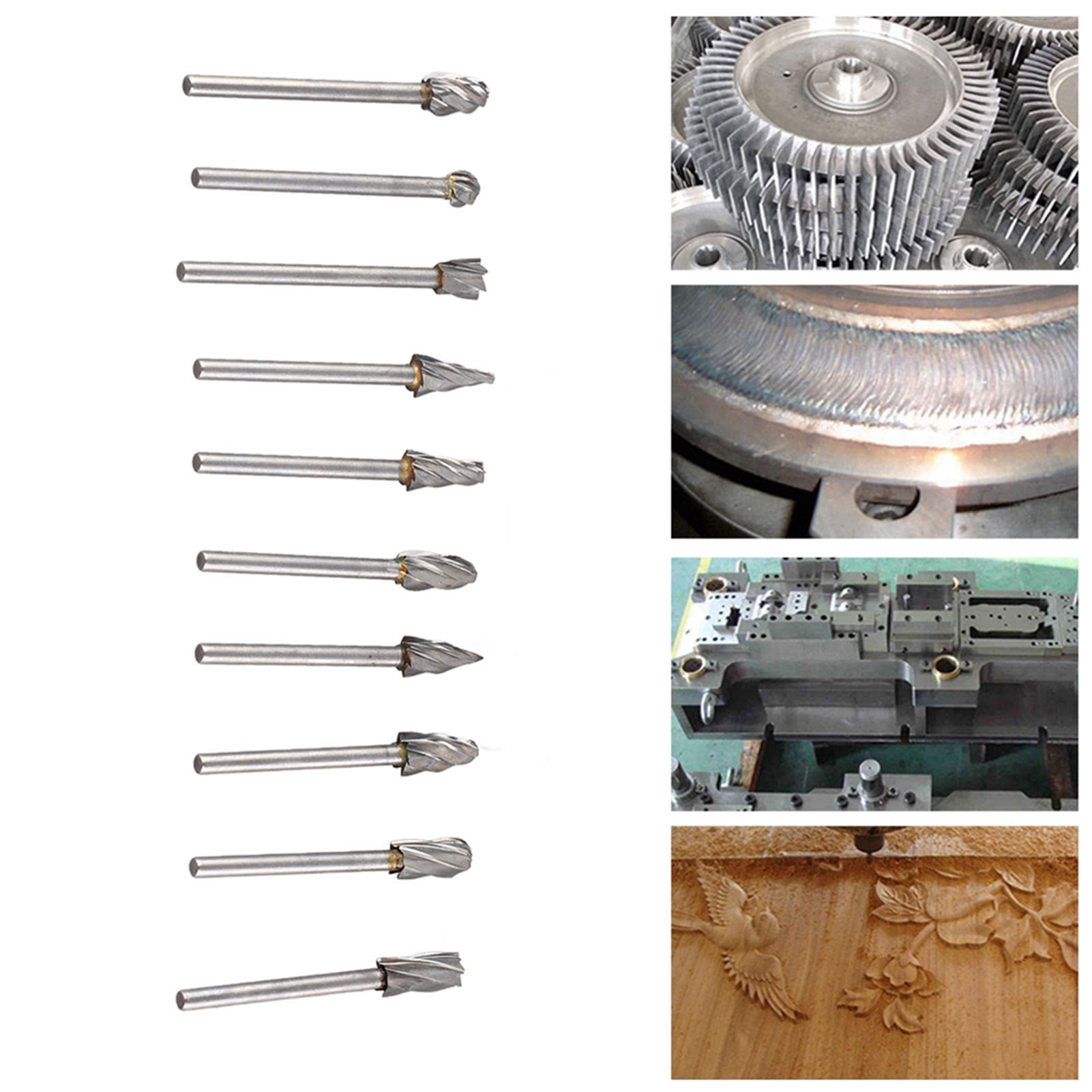 10-teiliges Set Bestehend Aus Grobzahnigen Hartmetall-schleifköpfen, Einnutigen Rotationsfeilen Und Fräsern Sowie Werkzeugen Zum Fertigen Und Schneiden Von Kanten Für Die Holzbearbeitung.