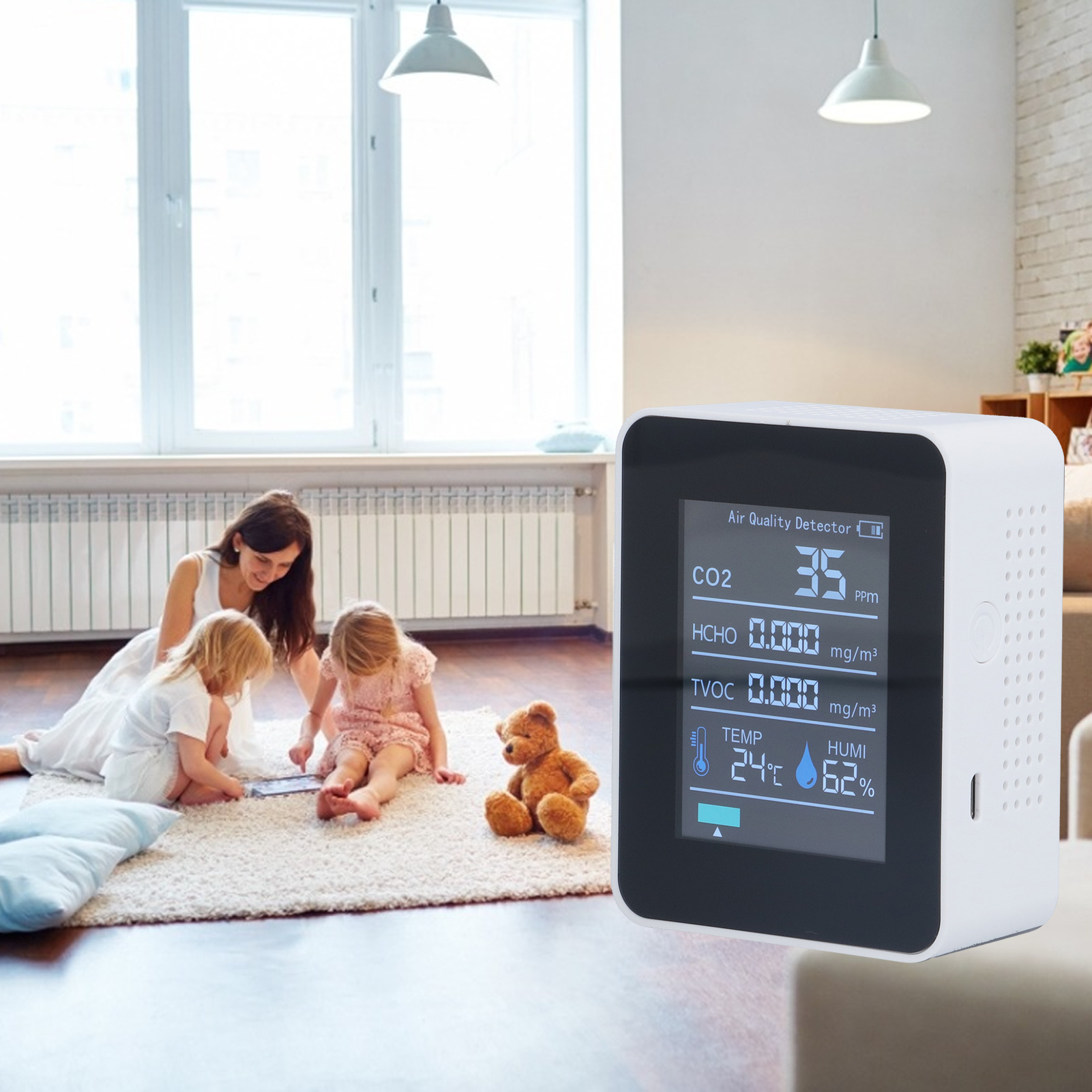 Intelligenter Luftqualitätsdetektor Mit Digitalanzeige, 5 In 1, Kohlendioxiddetektor, Temperatur, Luftfeuchtigkeit, Formaldehyd, Voc, Bluetooth-fähiger Luftreiniger, Usb-aufladbar, Weiß.