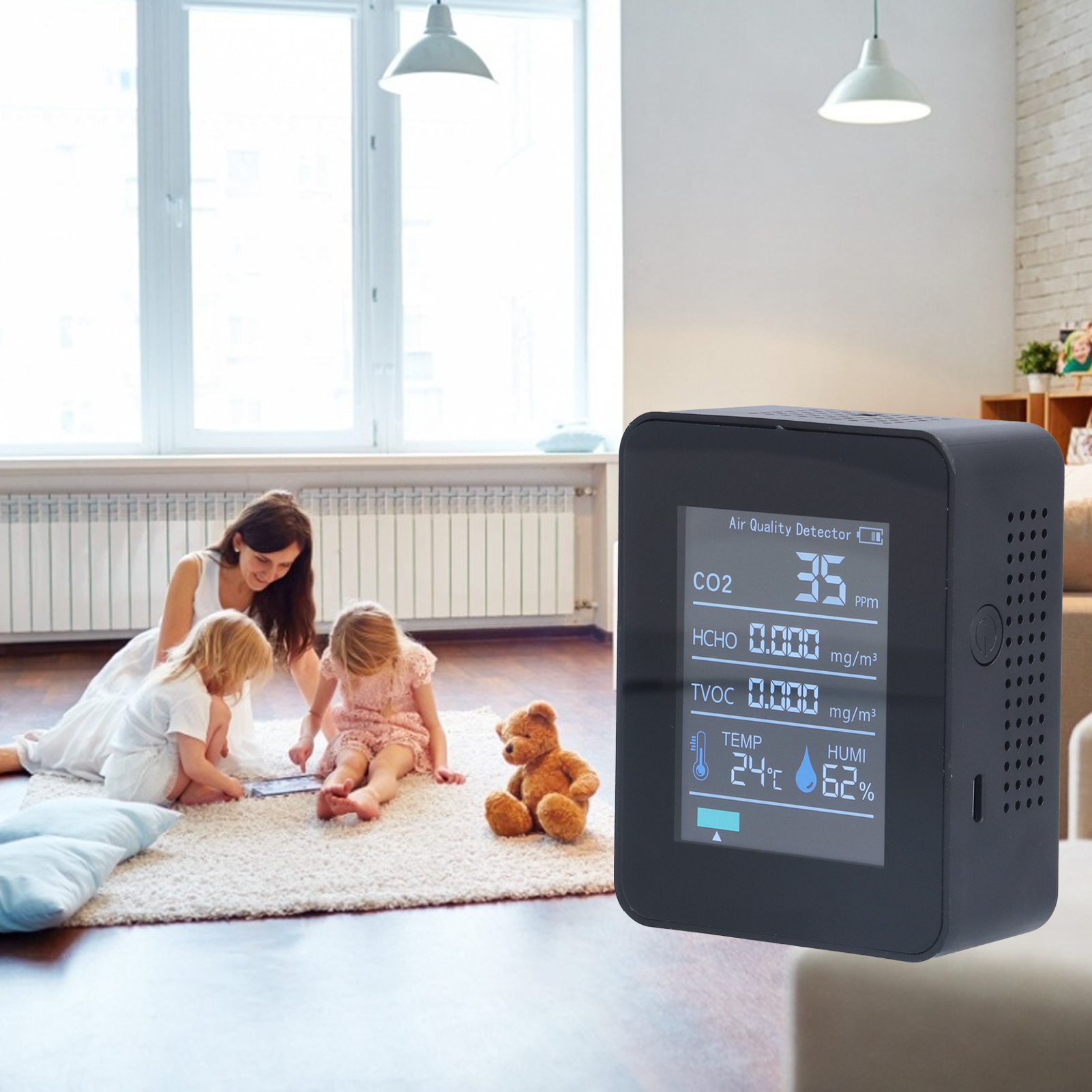 Intelligenter Luftqualitätsdetektor Mit Digitalanzeige, 5 In 1, Kohlendioxid, Temperatur, Luftfeuchtigkeit, Formaldehyd, Voc-detektor, Bluetooth-fähiger Luftreiniger, Usb-aufladbar, Schwarz.