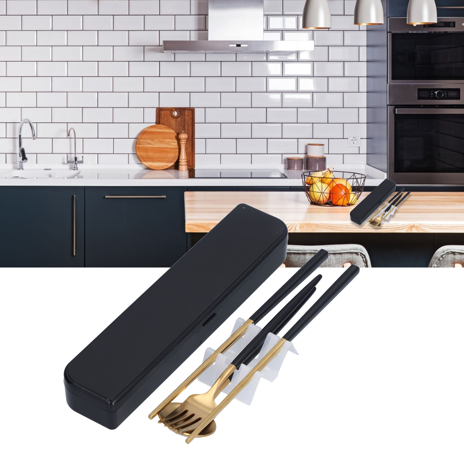 Tragbares Edelstahl-besteckset Für Schüler, Bestehend Aus Löffel, Gabel Und Essstäbchen. Dreiteiliges Set In Schwarz Und Gold.