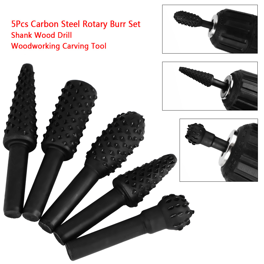 Set Mit 5 Schwarzen Rotationsfeilen Für Holzbearbeitung, 6 Mm Griff