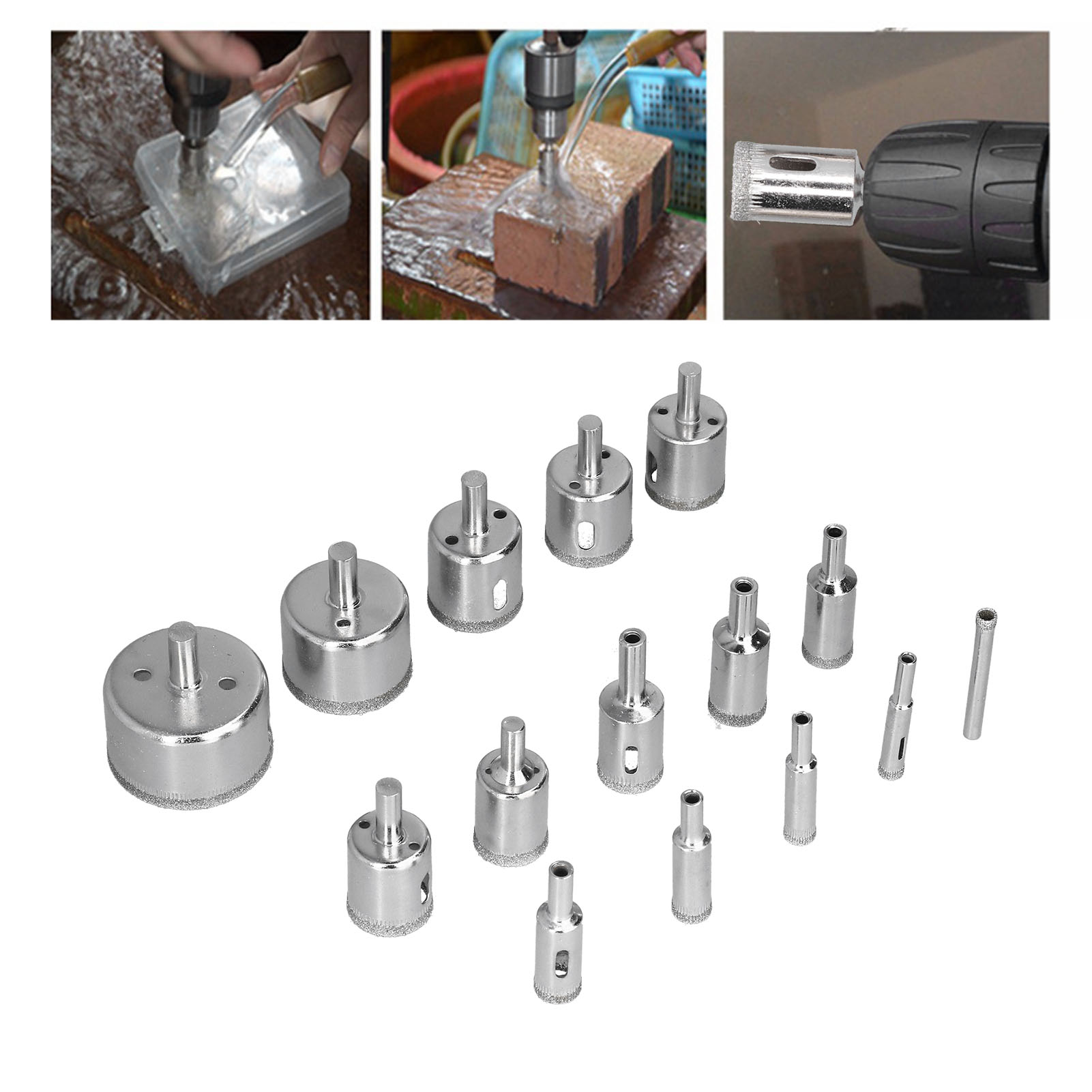 15-teiliges Set Inklusive Einer Diamantlochsäge Für Glas Von 6 Bis 50 Mm, Einer Lochsäge Für Keramikmarmor Und Einem Werkzeug Zum Abrunden Und Polieren Von Gebetsperlen.