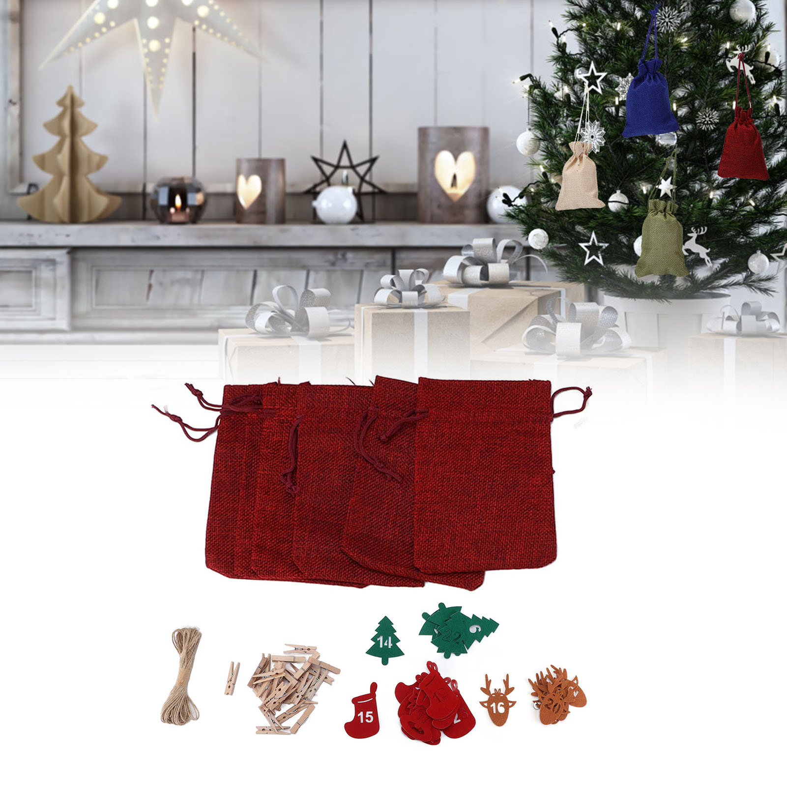 Weihnachtstüten Mit 24 Glückszahlen, Adventskalender, Leinenbeutel Mit Kordelzug, Weihnachtsgeschenktüten Mit Kordelzug, Bordeauxrot