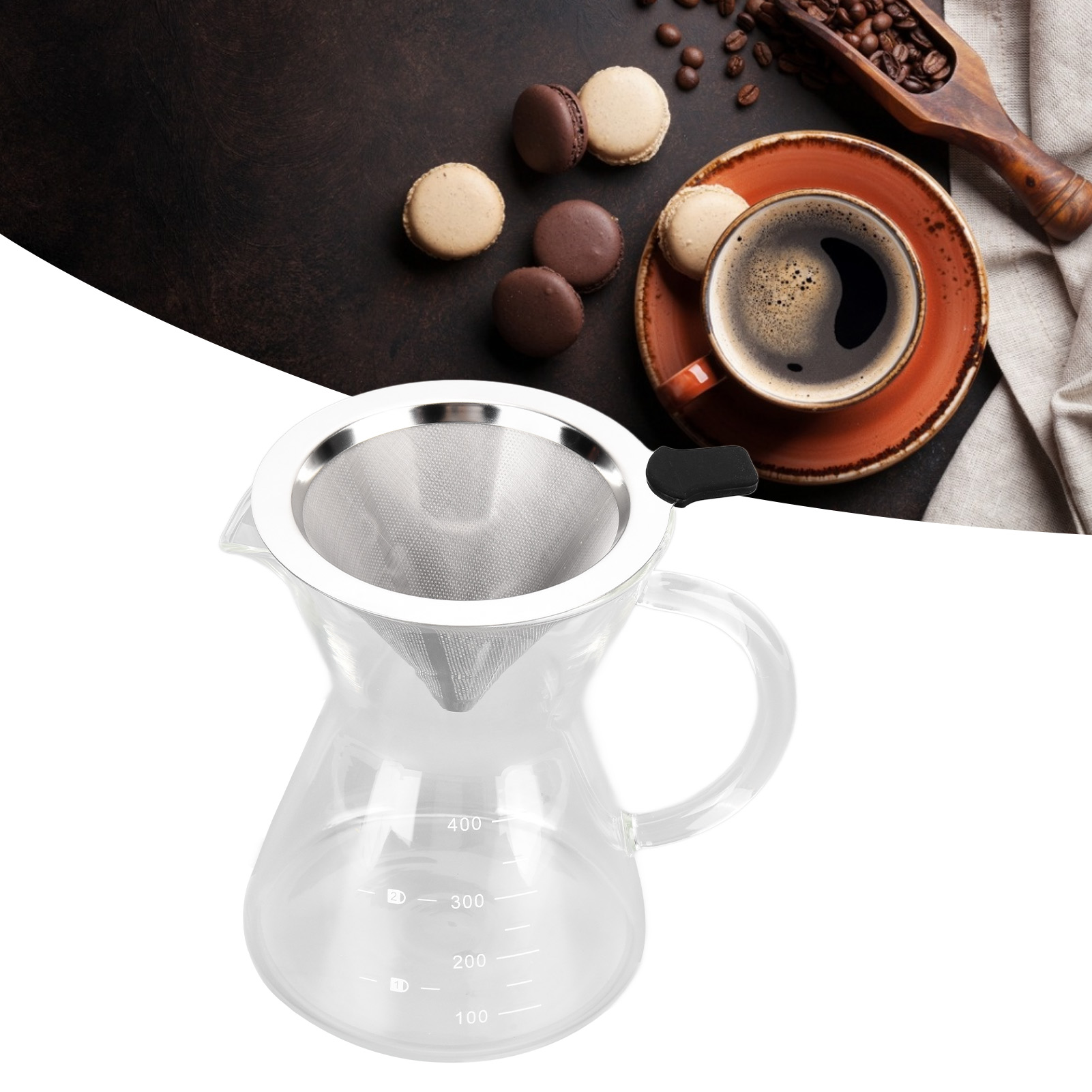 400 Ml Glaskaffeekanne Mit Griff, Hitzebeständig, Inklusive Trichter Und Edelstahlfilter, Flacher Boden Zum Ausgießen Des Kaffees.