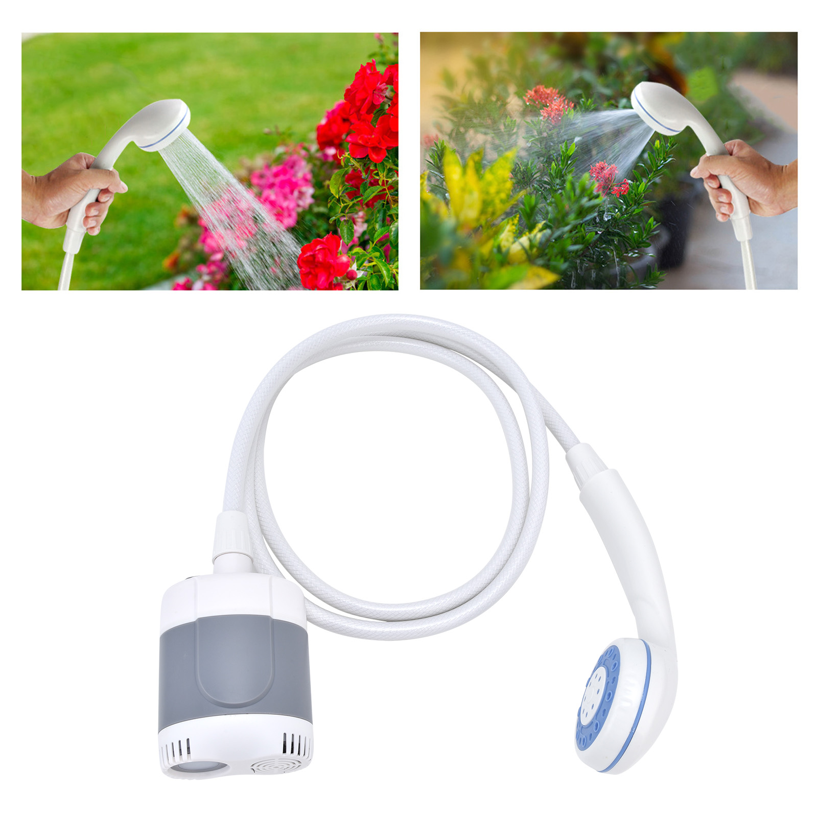 Tragbarer Camping-duschkopf Mit Integrierter Wasserpumpe, Led-licht Und Usb-ladeanschluss. Grau Und Weiß.