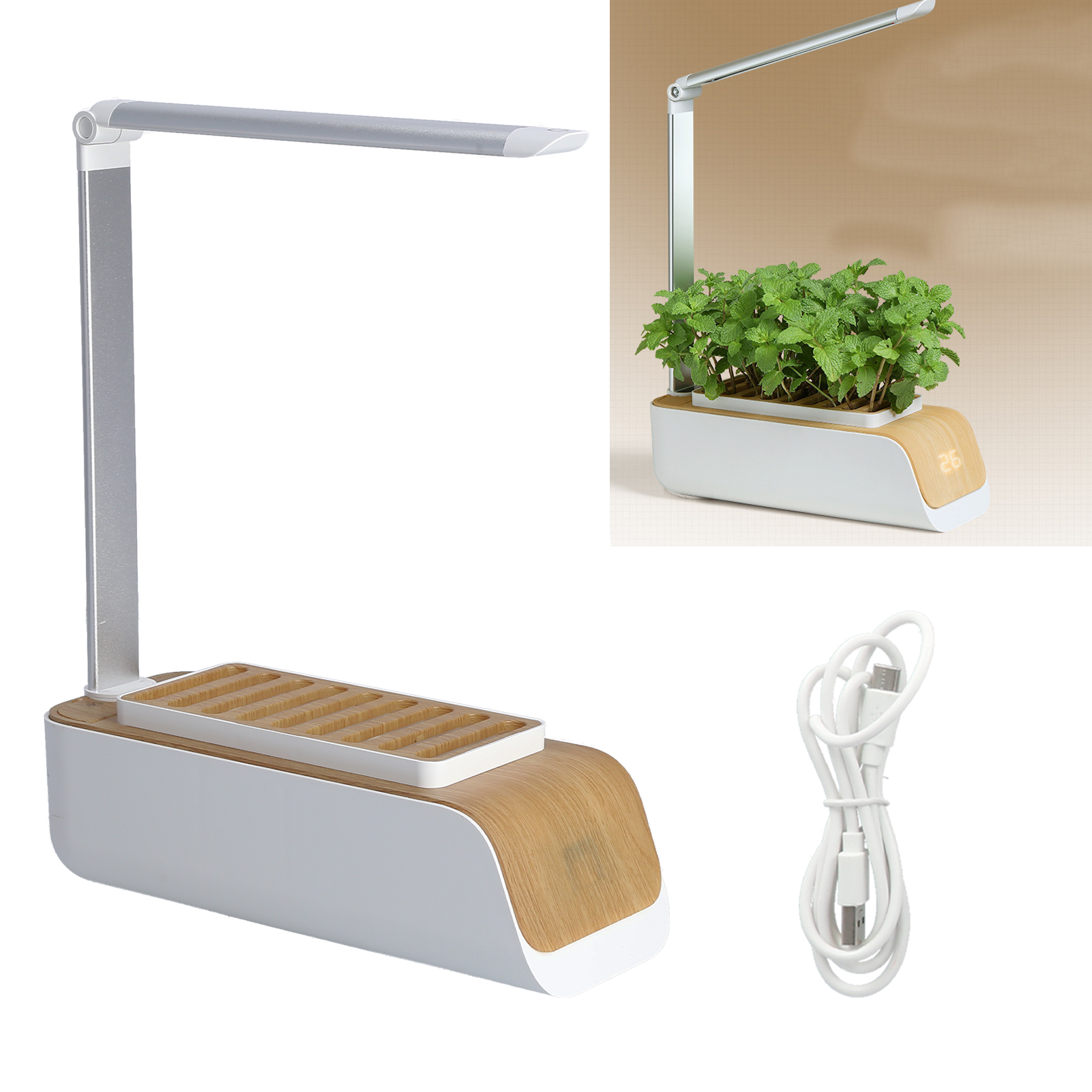 Led-pflanzenlampe, Tisch-hydroponiklampe, Pflanzgefäß, Dekoration Für Topfsukkulenten, Hydroponik-anbau Für Gemüse Und Obst In Innenräumen, Weiße Holzoptik, Usb-stromversorgung.