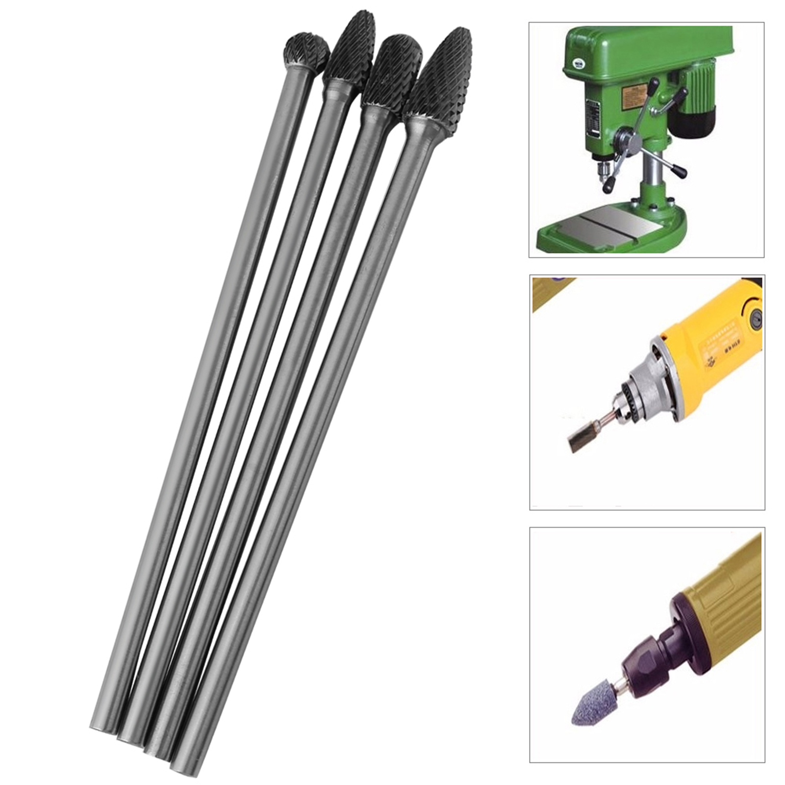 Set Mit 4 Länglichen, Rotierenden Hartmetallfeilen, 6 Mm Griff, 150–160 Mm Länge