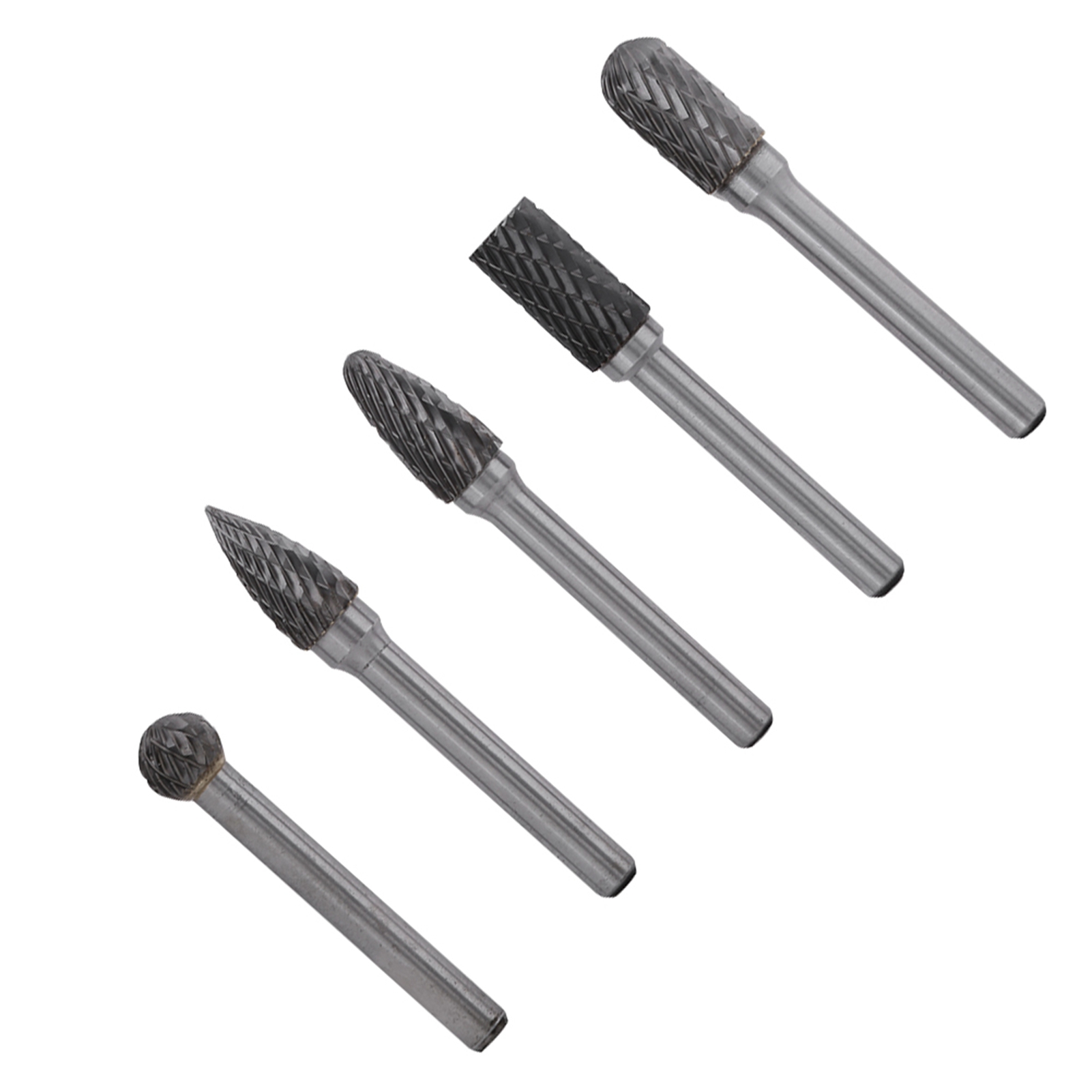 Set Mit 5 Doppelnut-rotationsfeilen Aus Hartmetall, 6 Mm Schaft, Wolframkarbid-schleifköpfe Und 10 Mm Spitzen