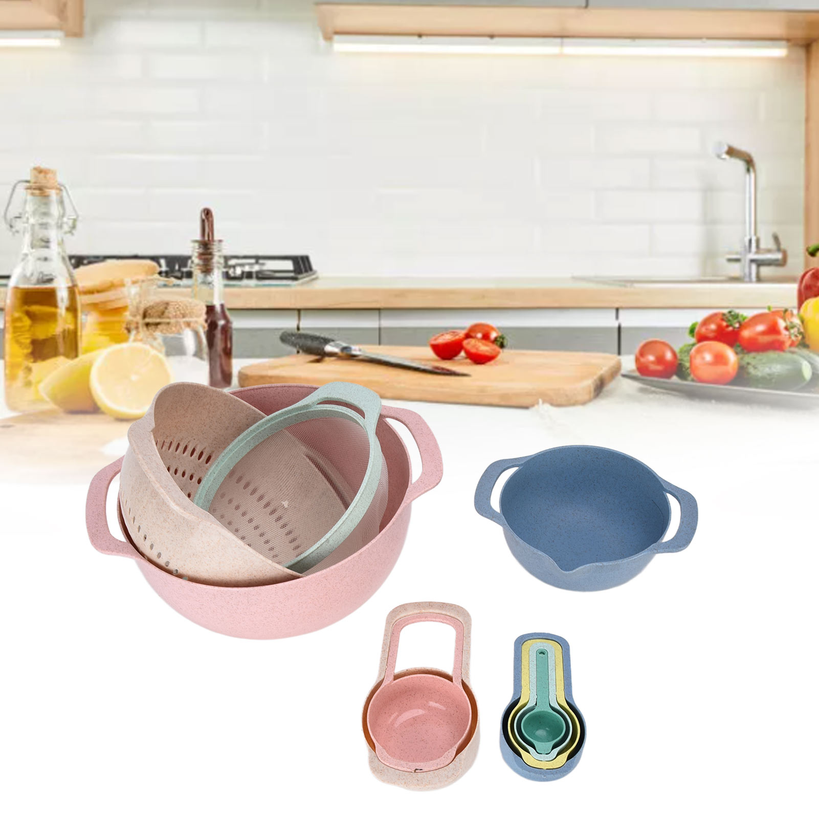 10-teiliges Set Bestehend Aus Messlöffeln Aus Weizenstroh, Einer Bunten Messschüssel Zum Backen, Einem Reissieb, Einem Salatteller, Einem Messbecher Und Messlöffeln.