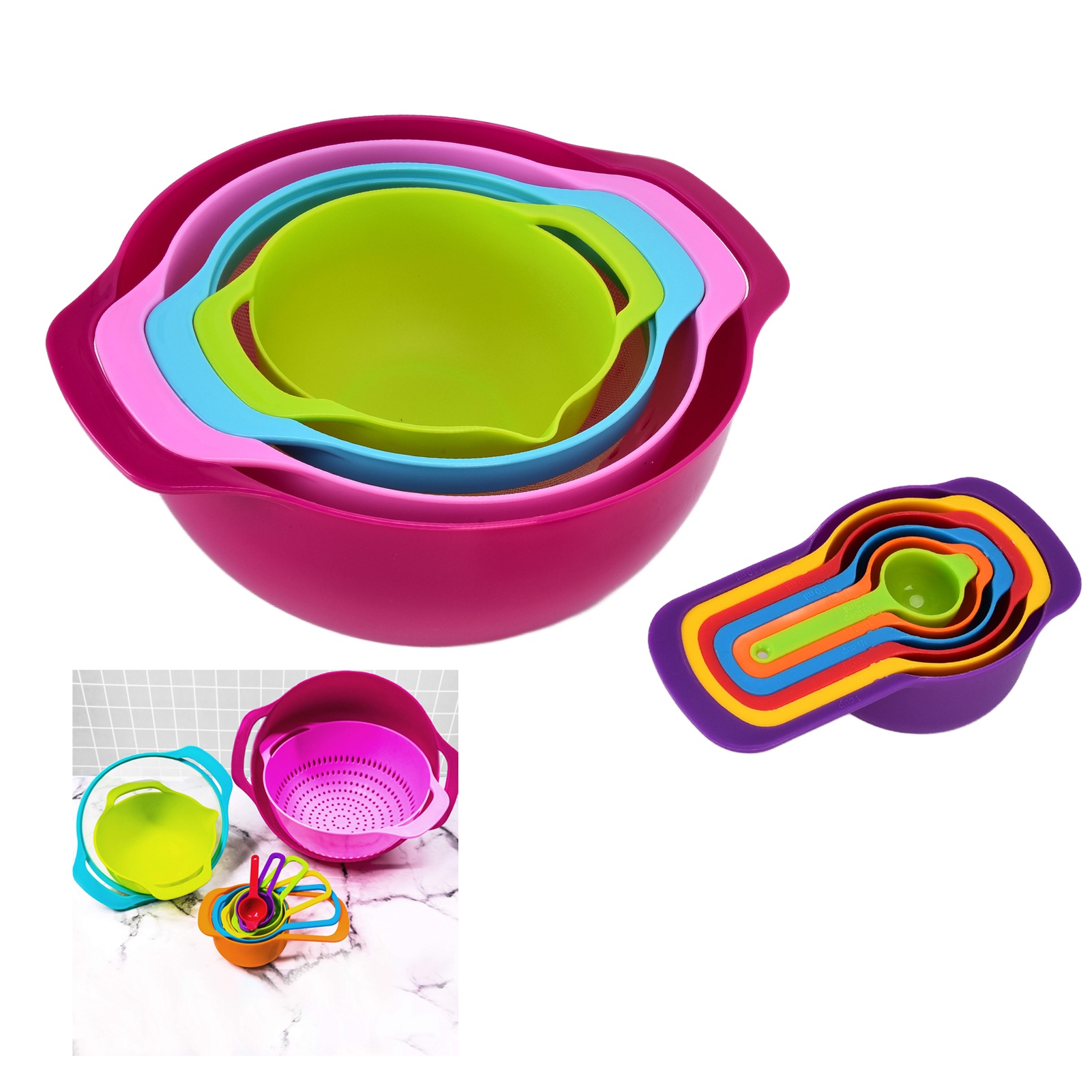 10-teiliges Set Bestehend Aus: Regenbogen-messlöffeln, Regenbogen-messschüssel Zum Backen, Reissieb, Salatteller Und Kombinations-messlöffeln.