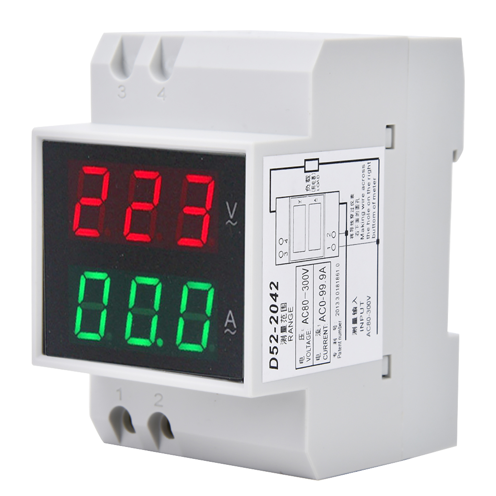 D52-2042 Schienenmontiertes Digitales Voltmeter Und Amperemeter, Doppelanzeige, Ac80-300v, Ac0-99,9a.