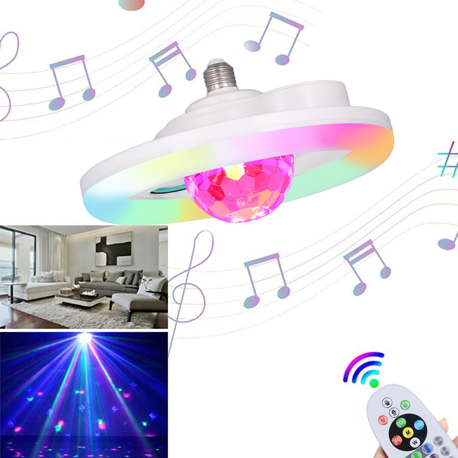 Bluetooth-led-lampe, Zwei Lautsprecher, Discokugel, Kabellos, 36w/e27, Rgb-farbwechsel-musiklicht, Fernbedienung, Für Zuhause, Schlafzimmer, Familienfeiern, Clubs Und Bars.