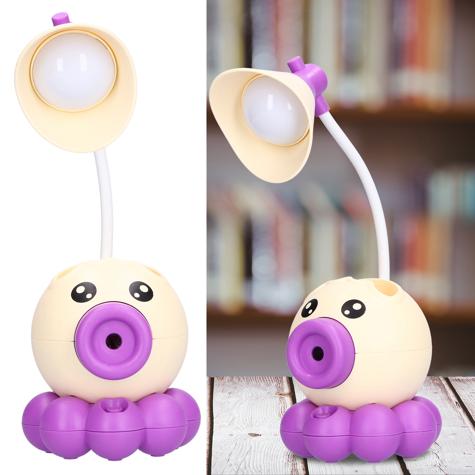 Faltbare Led-schreibtischlampe Mit Stifthalter Und Oktopus-design. Diese Multifunktionale Lampe Vereint Stifthalter, Anspitzer Und Handyhalterung. Sie Bietet Warmweißes Licht, Usb-ladefunktion Und Ist