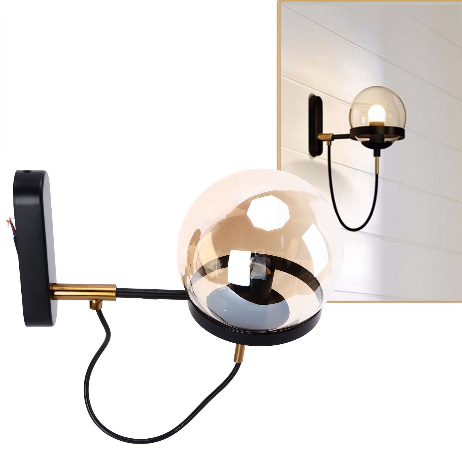 Kugelförmige Wandleuchte Im Nordischen Stil Mit E27-fassung, Retro-industrie-stil, Schmiedeeisen, Ideal Für Restaurant, Hotel, Wohnzimmer, Schlafzimmer, Nachttisch, Schwarz Mit Braunem Lampenschirm.