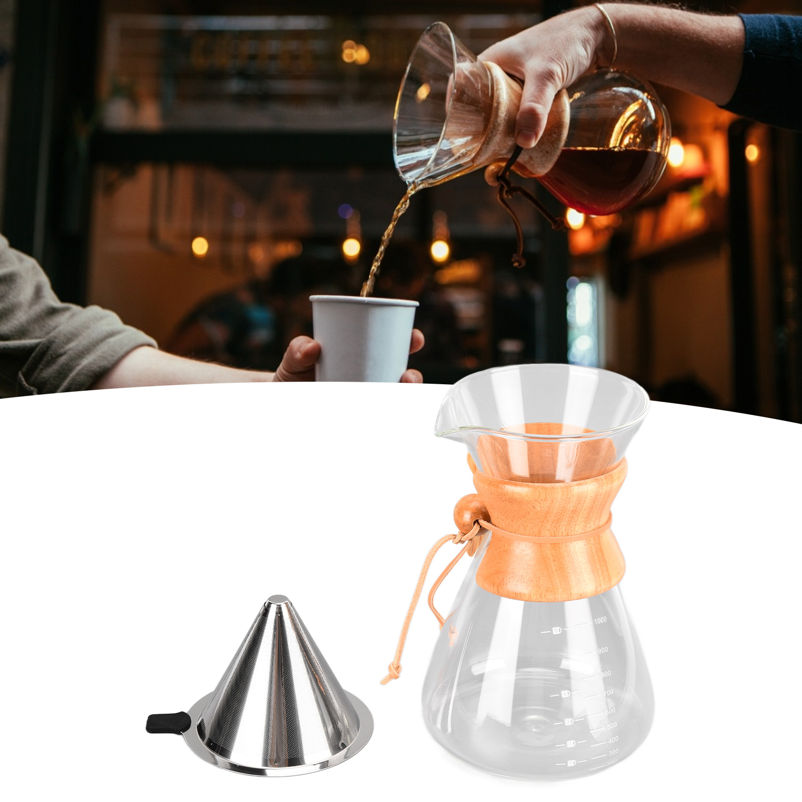 Kaffeekanne Aus Bambus, Kaffeekanne Aus Glas, Klassischer Wasserkocher (hitzebeständig), Filterkaffeemaschine, Kaffeefilter, 1000 Ml