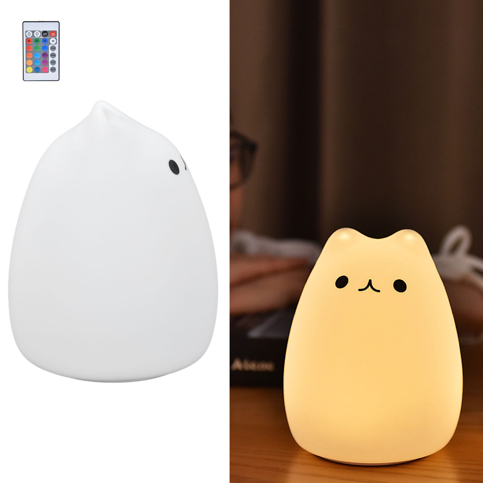 Silikon-nachtlicht Für Babys Mit Fernbedienung, Usb-aufladbar, Sieben Farben Und Variabler Helligkeit, Beliebtes Led-katzen-design, Ideal Zum Stillen Und Schlafen.