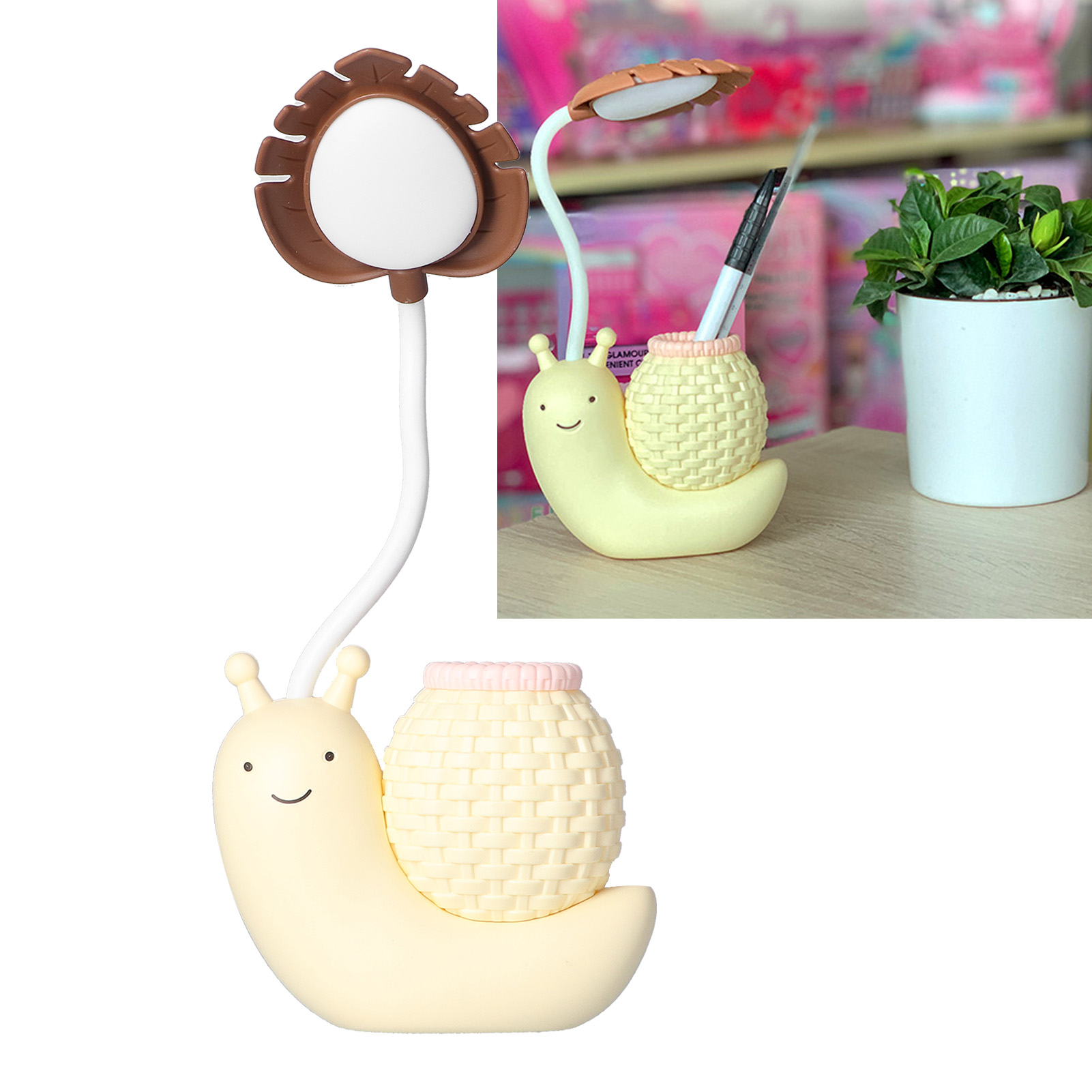 Faltbare Led-schreibtischlampe Mit Stifthalter Im Schneckendesign. Multifunktional: Lampe, Stifthalter Und Anspitzer. Kaltweißes Licht, Usb-aufladbar, Gelbes Licht.