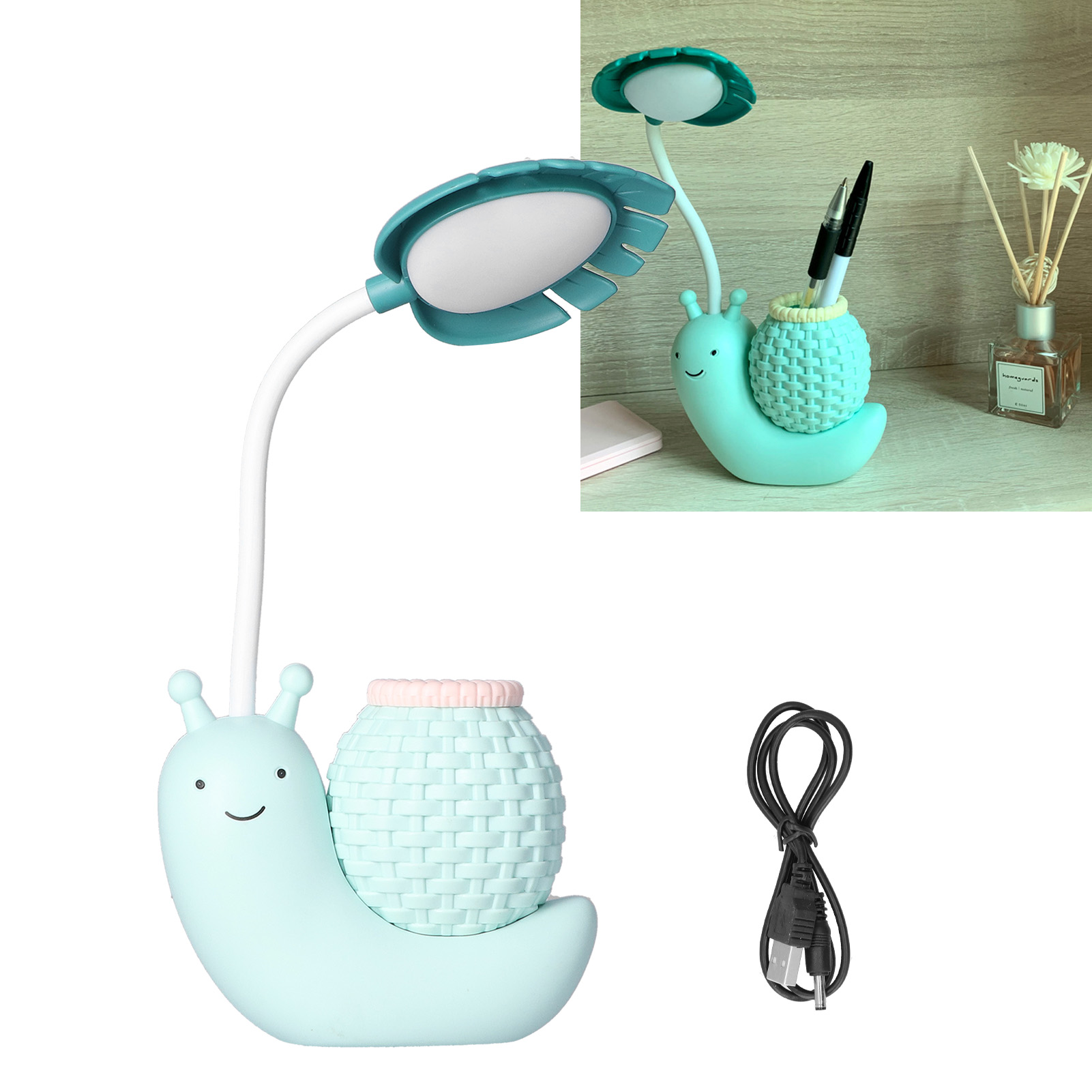 Faltbare Led-schreibtischlampe Mit Integriertem Stifthalter Und Anspitzer. Kaltweißes Licht, Usb-aufladbar, Blau.